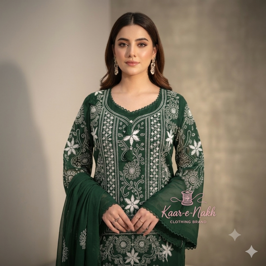Emerald Green with White Hand Embroidered Chiffon Unstitched Suit | Emerald Green Chiffon Dupatta - Image 2