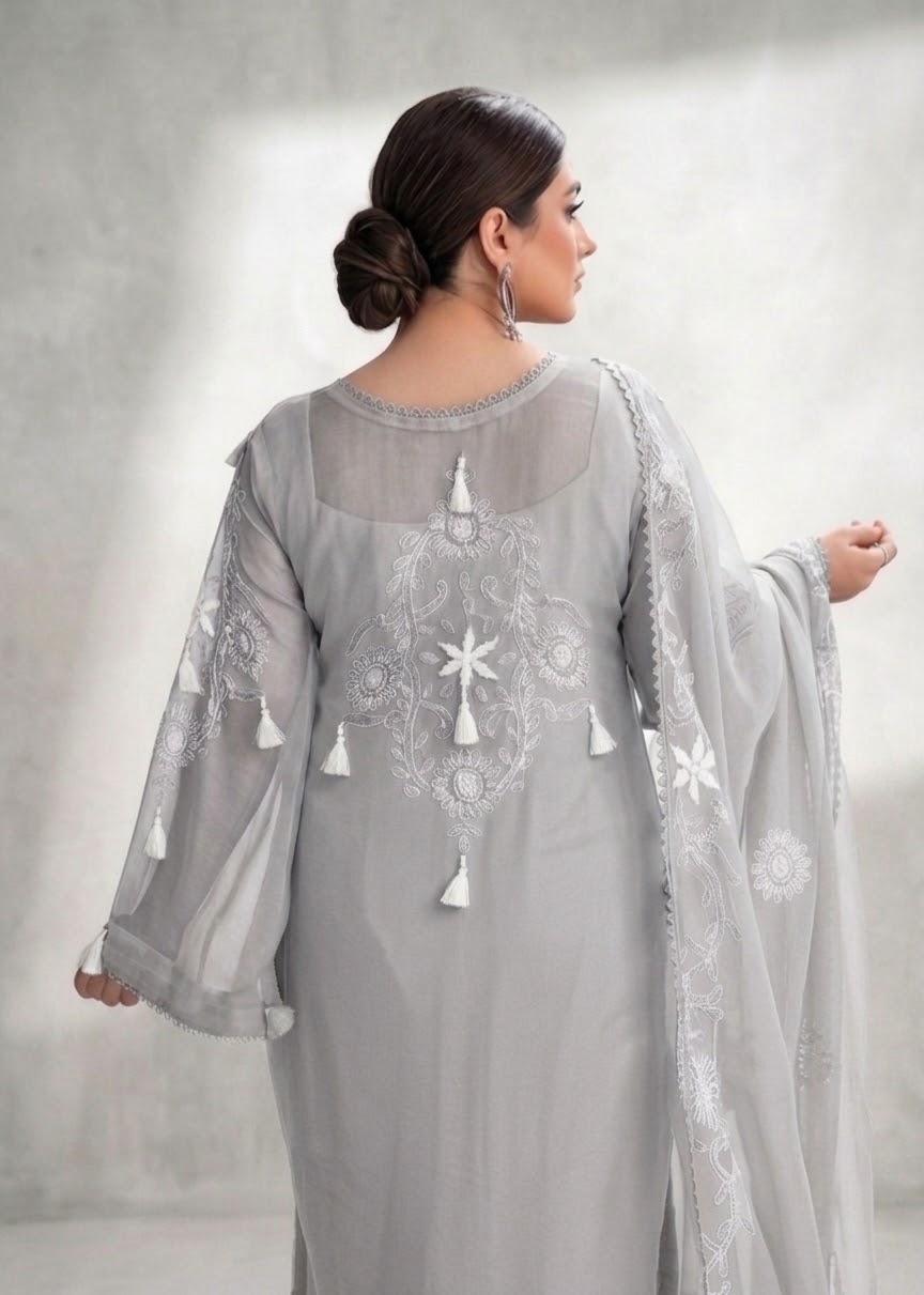 Light Grey with White Embroidery Floral Chiffon Unstitched Suit | Light Grey Chiffon Dupatta - Image 2
