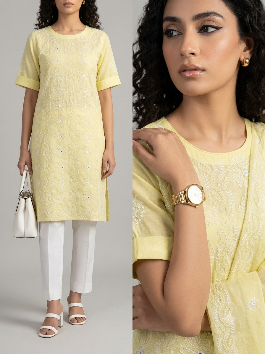 Soft Butter Yellow Chikankari Shisha 2-Piece Pure Lawn Suit – Handmade Embroidered Unstitched Suit - Image 2