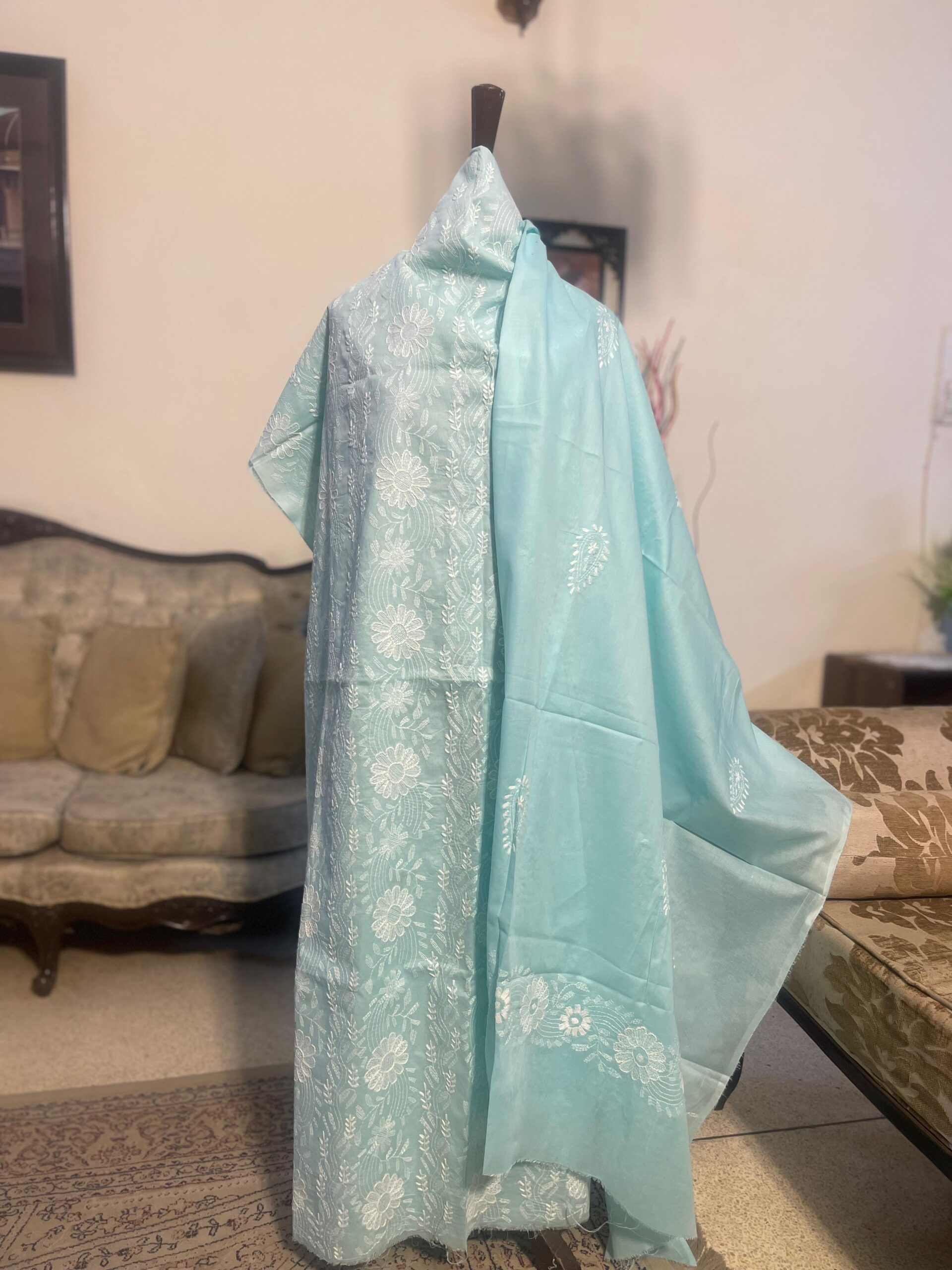 Sky Blue Handmade Embroidered Pure Lawn 2 Piece Unstitched Suit with Embroidered Dupatta - Image 4