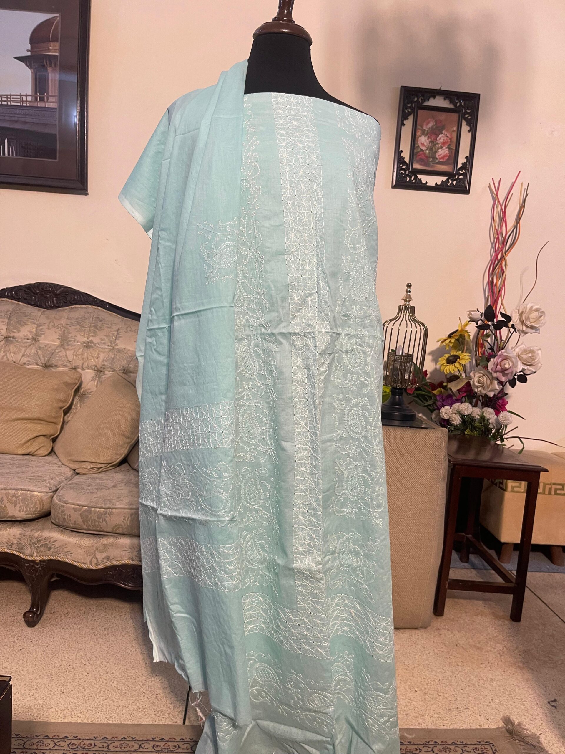 Light Blue with White Tarkashi & Handmade Embroidered Pure Lawn Unstitched Suit | Light Blue Pure Lawn Dupatta - Image 2