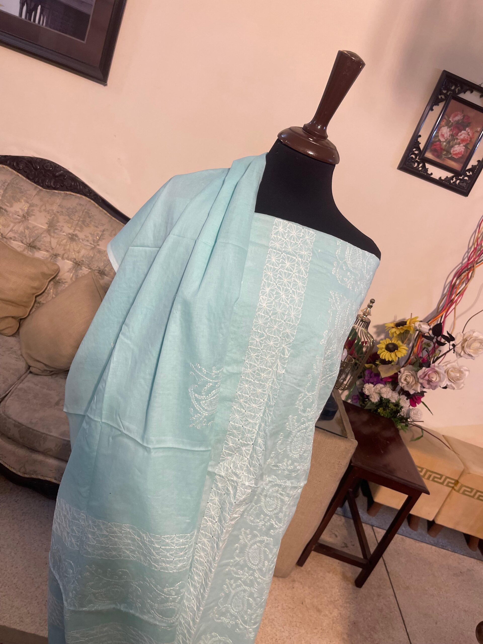 Light Blue with White Tarkashi & Handmade Embroidered Pure Lawn Unstitched Suit | Light Blue Pure Lawn Dupatta - Image 3