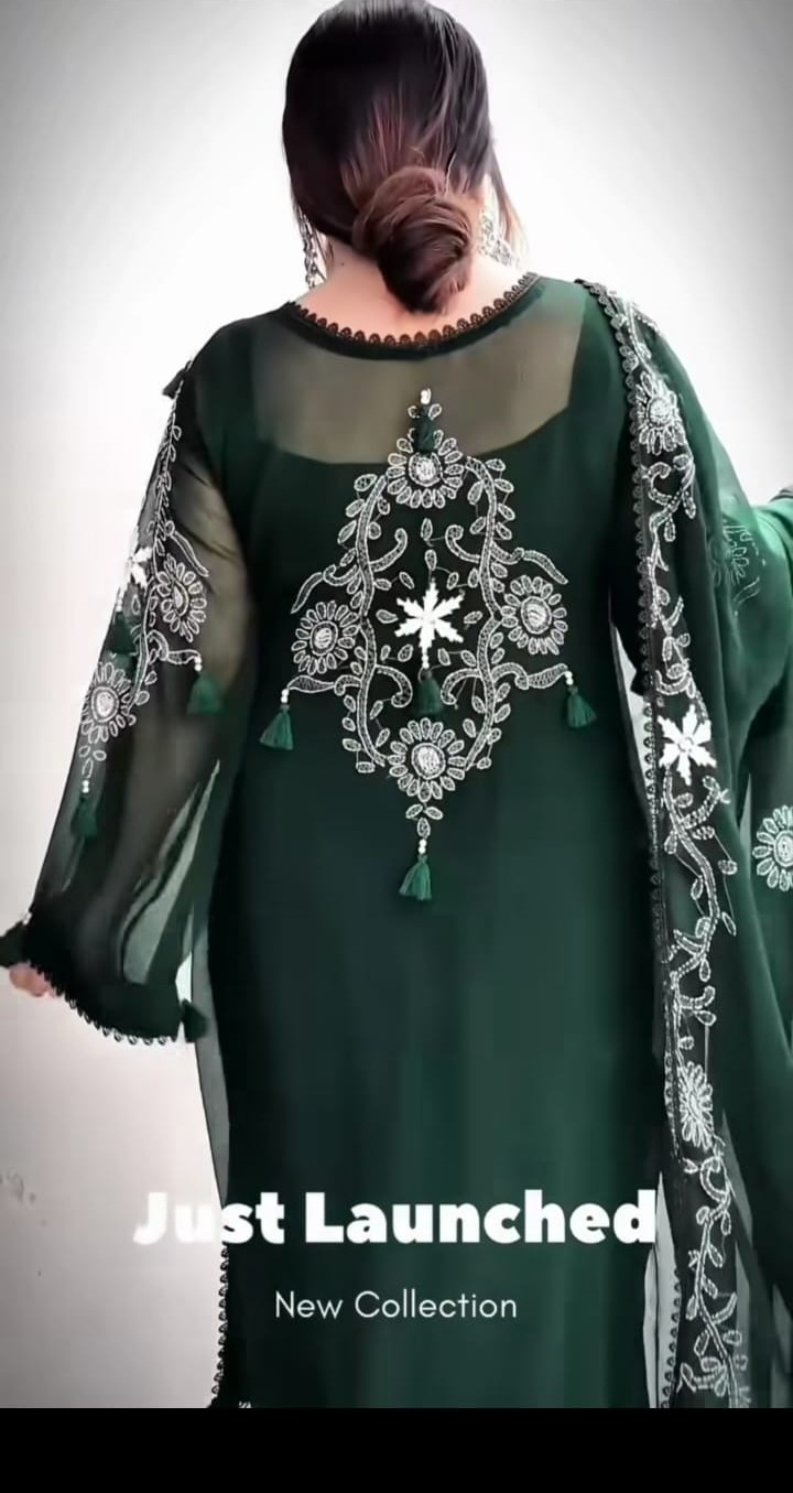 Emerald Green with White Hand Embroidered Chiffon Unstitched Suit | Emerald Green Chiffon Dupatta - Image 3