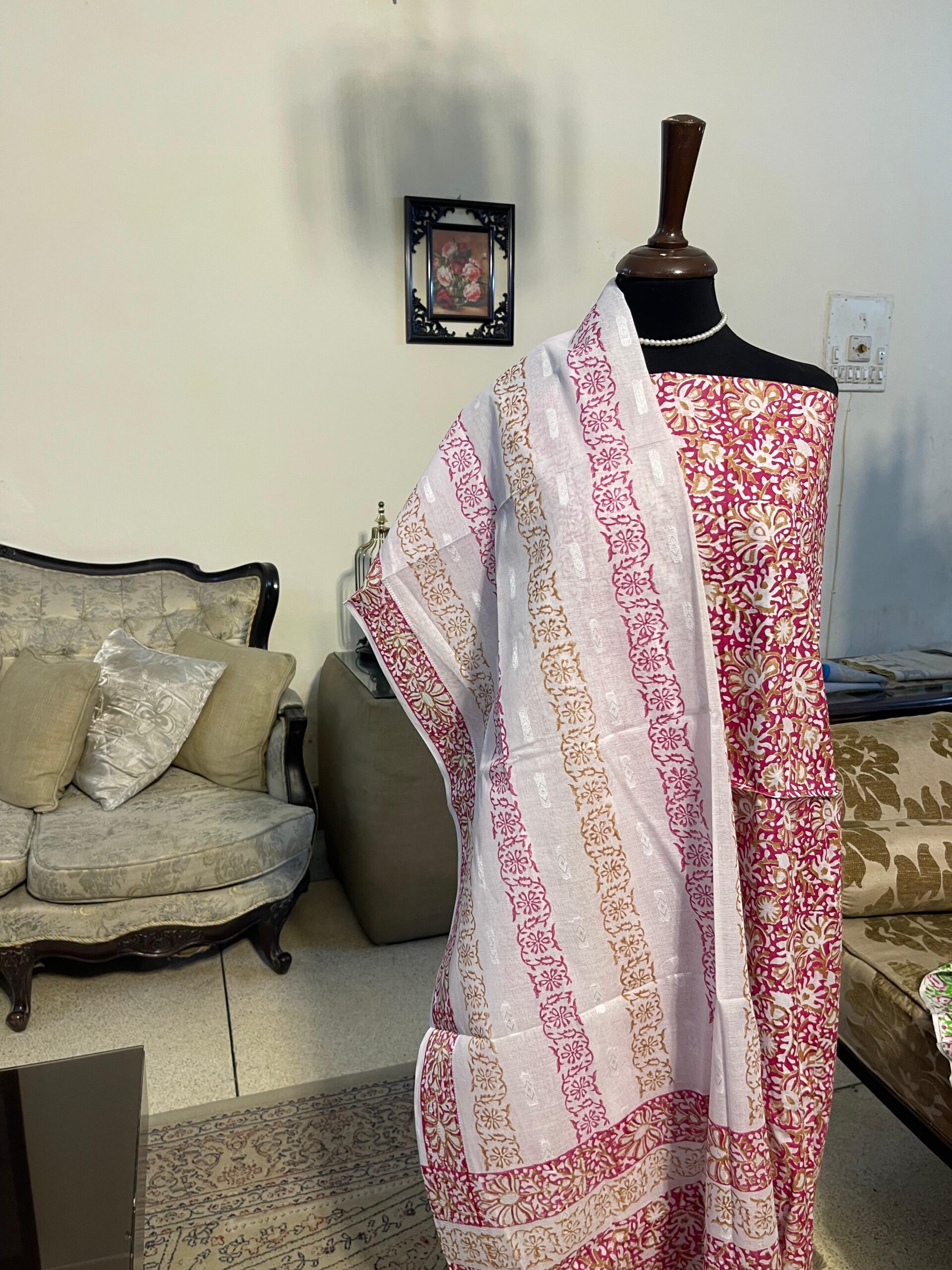 Raspberry Pink with Beige Floral Block Print Pure Lawn Unstitched Suit | White Broshia Dupatta - Image 2