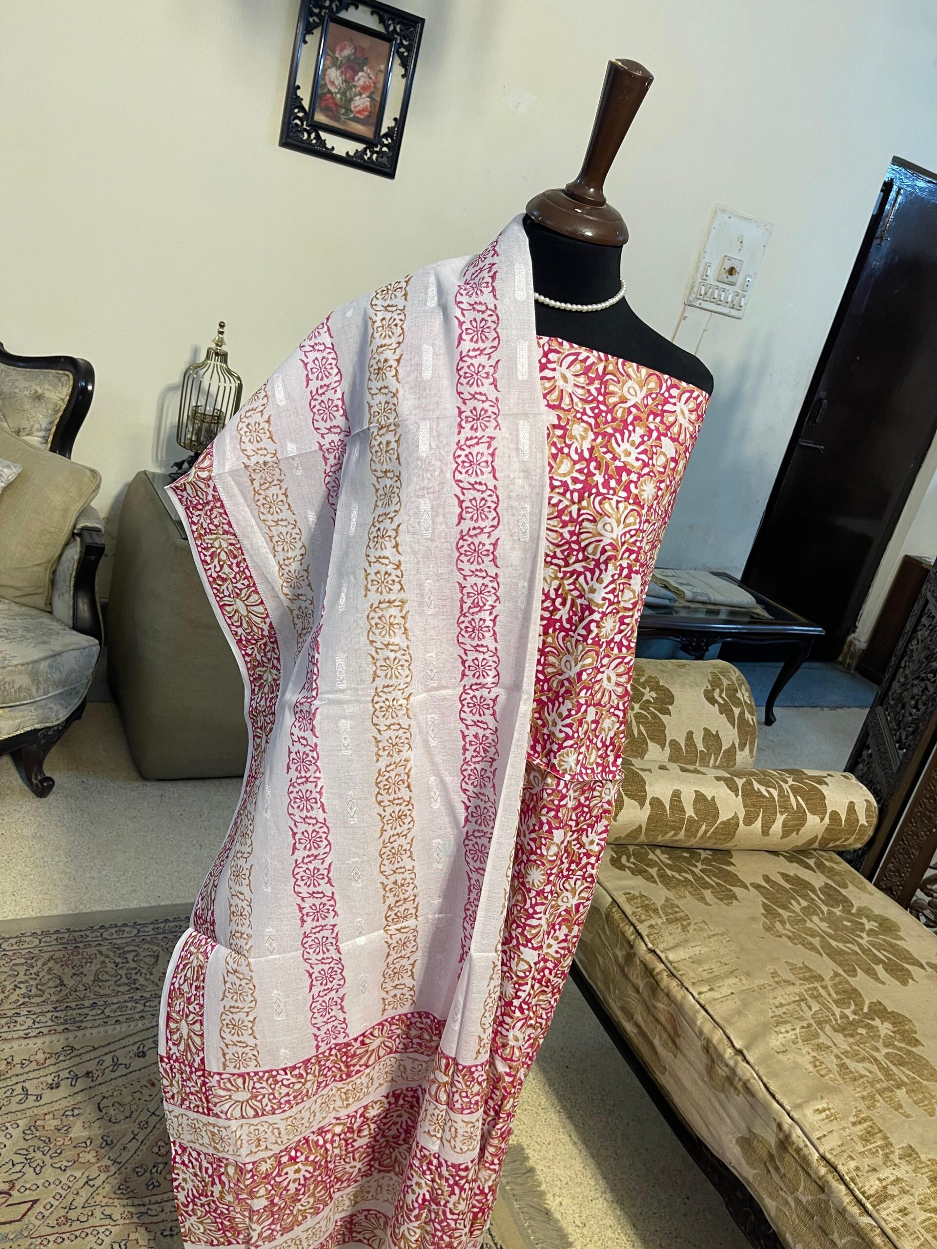 Raspberry Pink with Beige Floral Block Print Pure Lawn Unstitched Suit | White Broshia Dupatta - Image 3