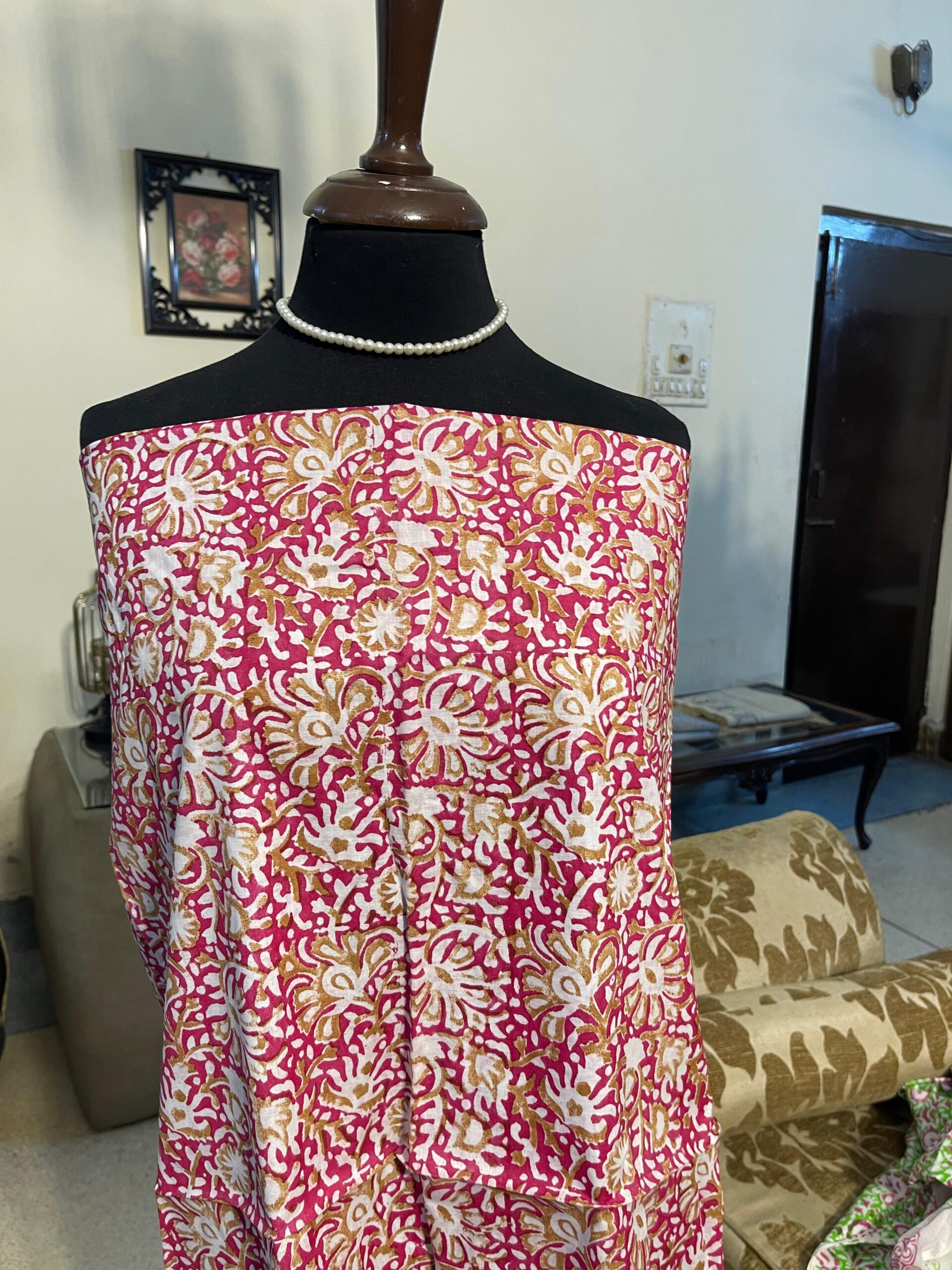 Raspberry Pink with Beige Floral Block Print Pure Lawn Unstitched Suit | White Broshia Dupatta - Image 4