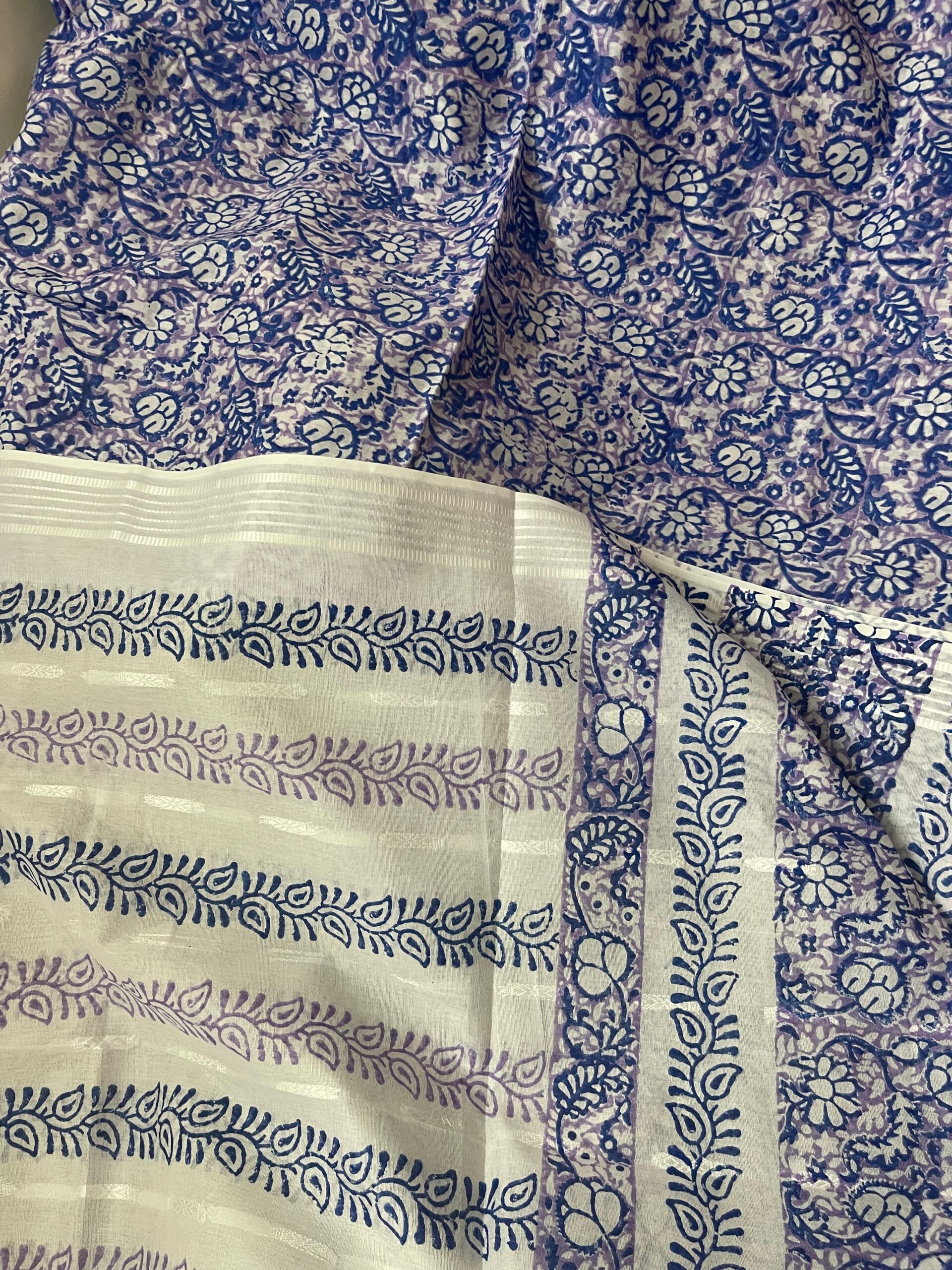 Light Lavender with Royal Blue & Purple Block Print Pure Lawn Unstitched Suit | White Broshia Dupatta with Royal Blue & Purple Block Print - Image 2