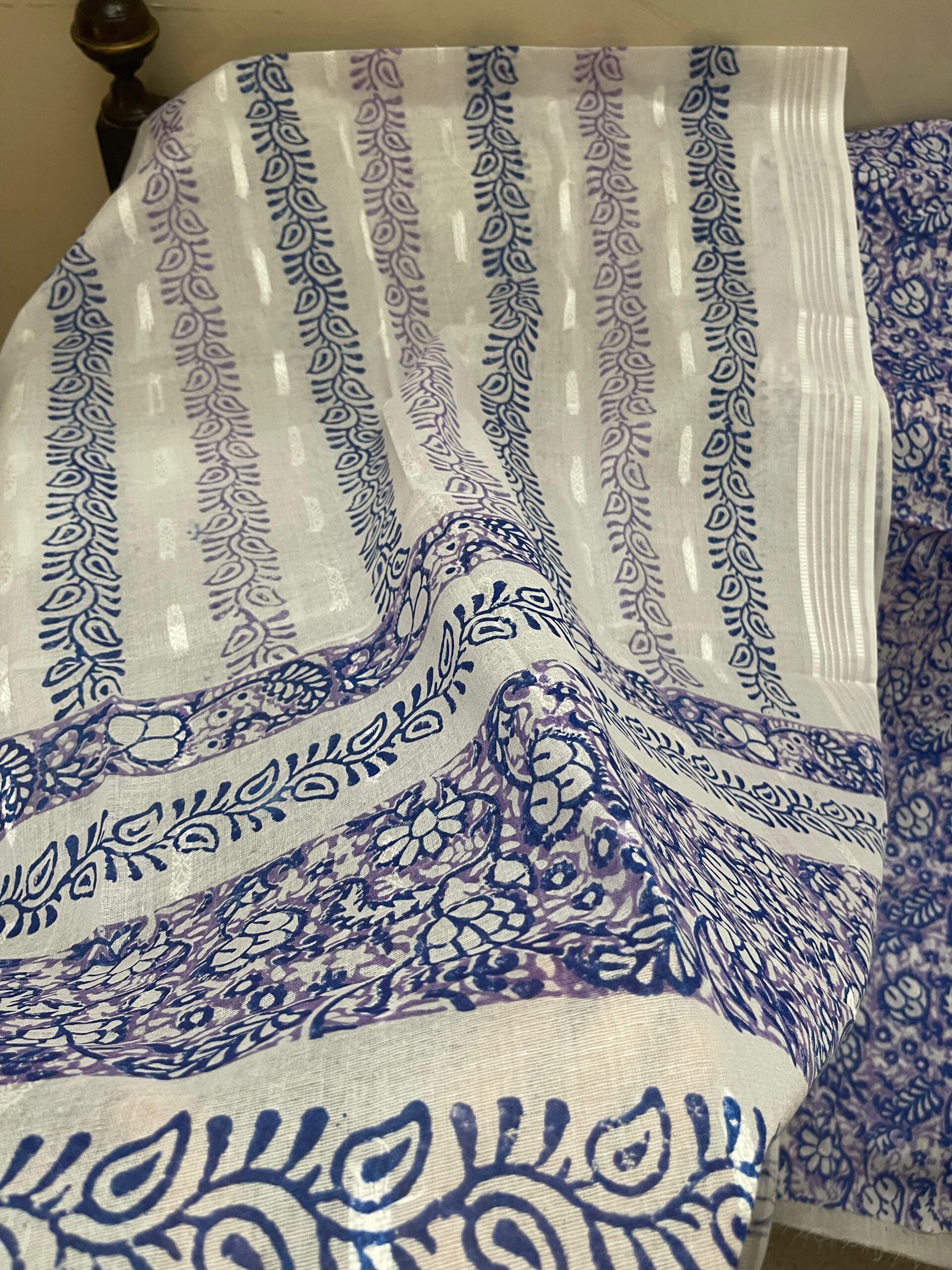 Light Lavender with Royal Blue & Purple Block Print Pure Lawn Unstitched Suit | White Broshia Dupatta with Royal Blue & Purple Block Print - Image 3