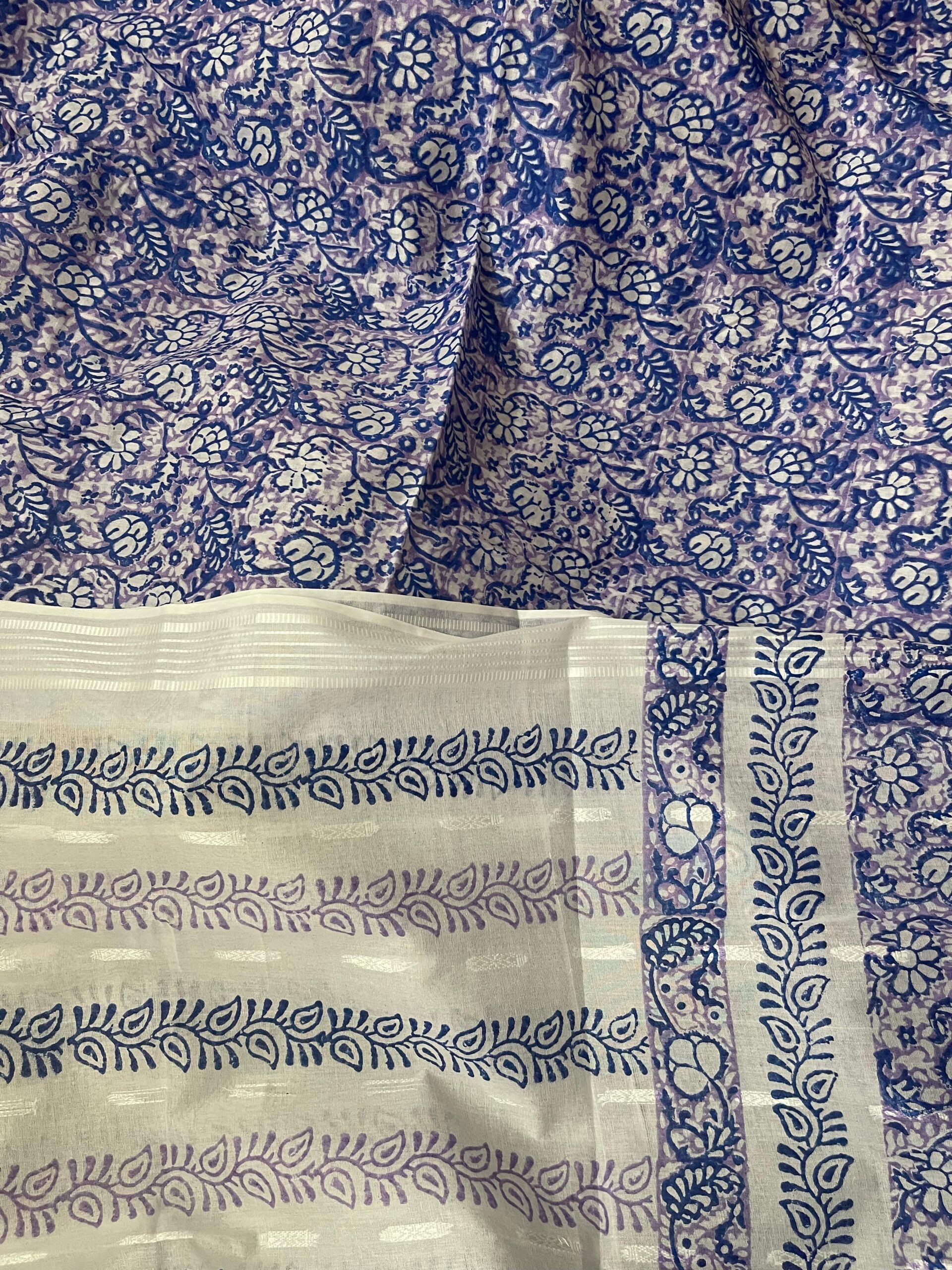 Light Lavender with Royal Blue & Purple Block Print Pure Lawn Unstitched Suit | White Broshia Dupatta with Royal Blue & Purple Block Print - Image 4
