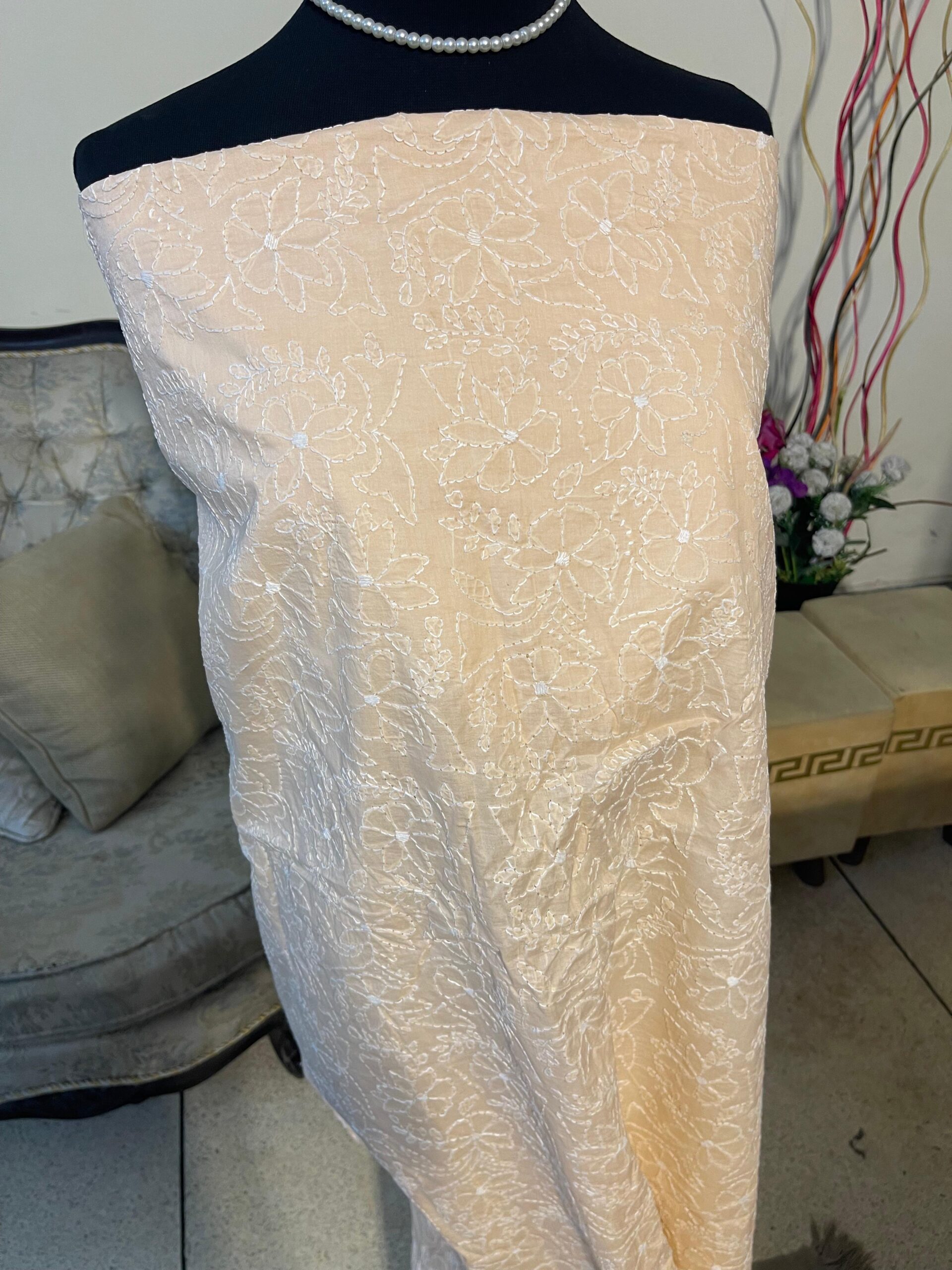 Light Peach Chikankari Embroidered Lawn 2 Piece Unstitched Suit with Embroidered Dupatta - Image 2