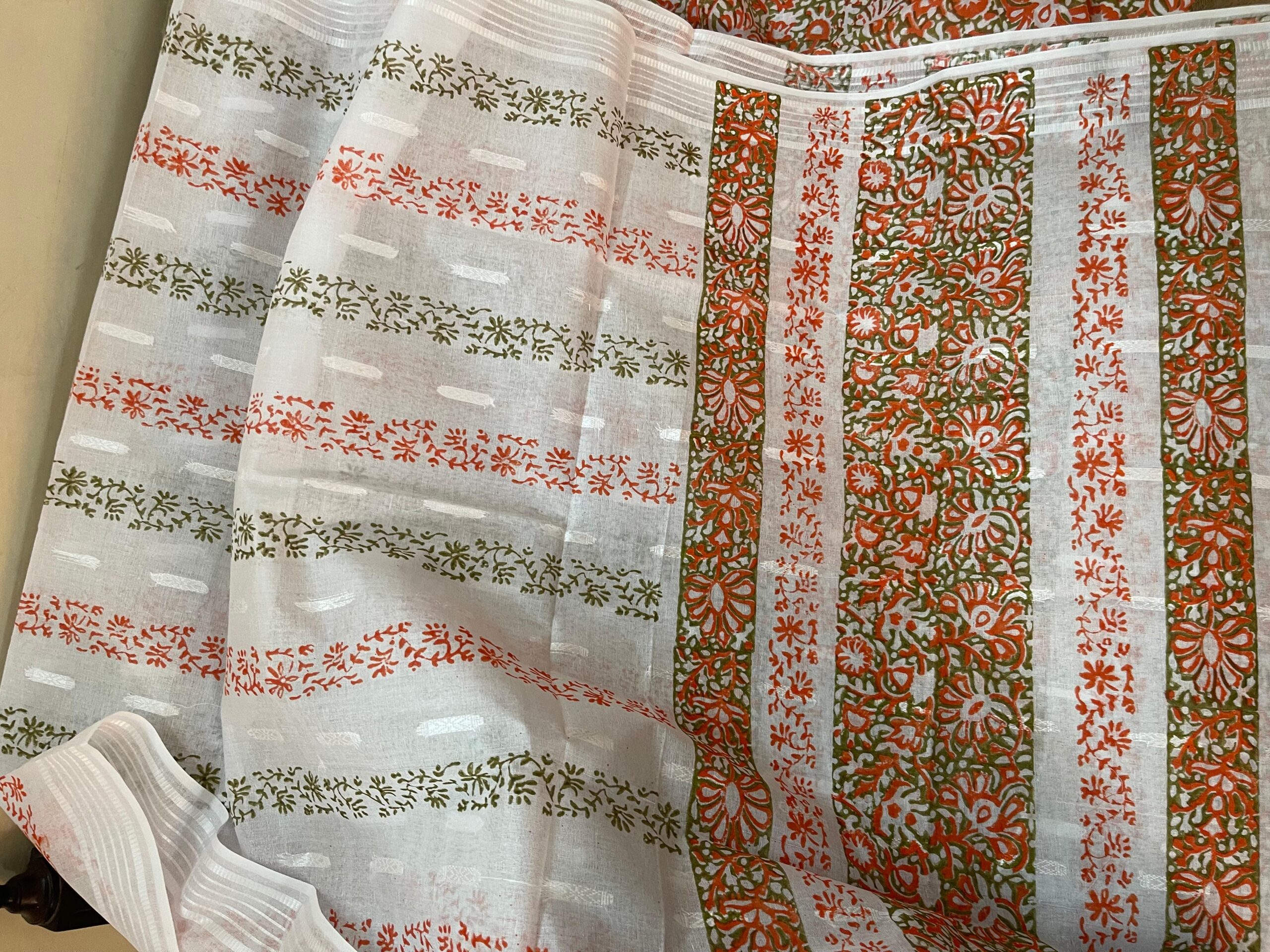 Off-White with Rust Orange & Sage Green Block Print Pure Lawn Unstitched Suit | White Broshia Dupatta with Rust Orange & Olive Green Block Print - Image 3