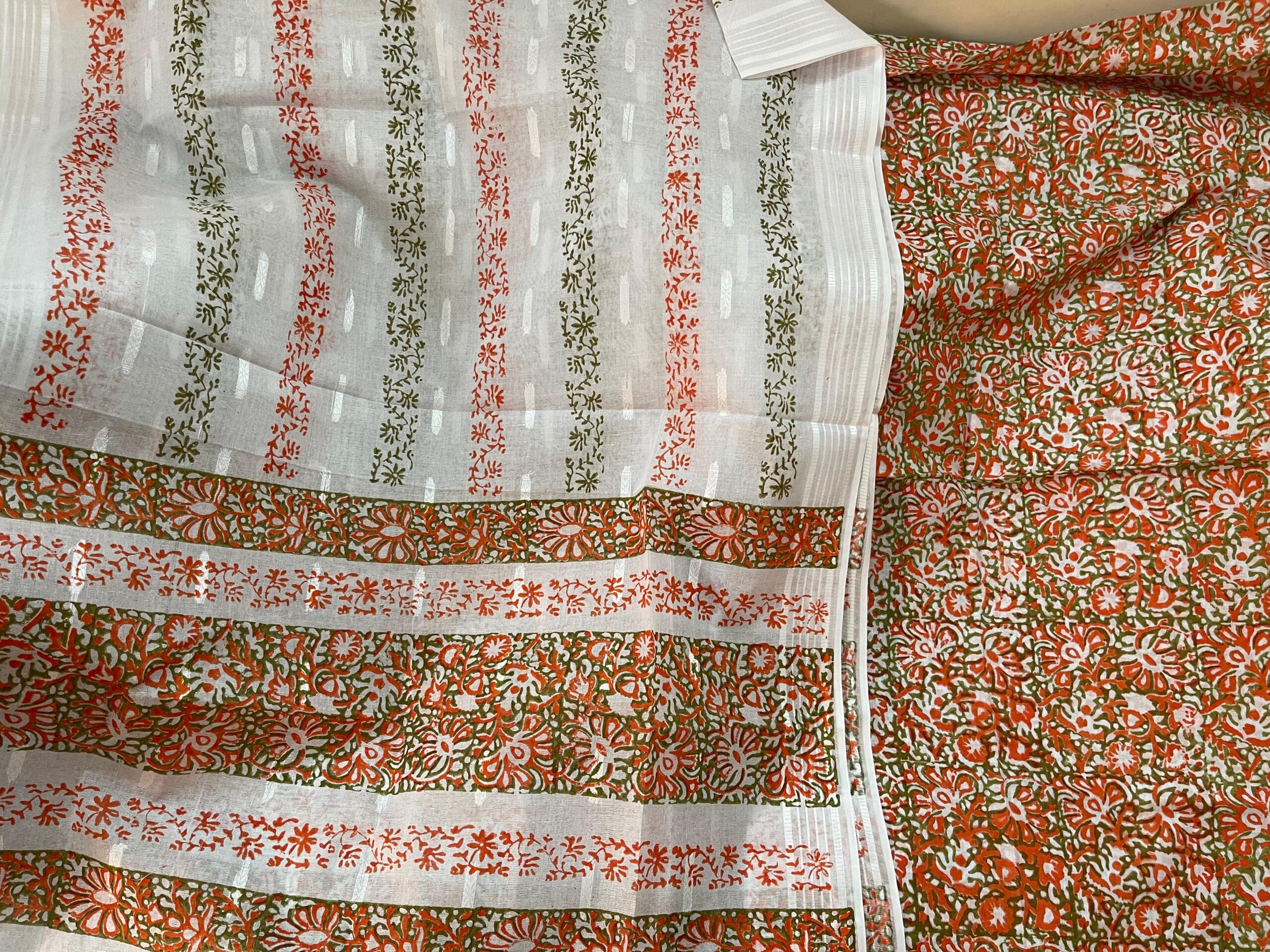 Off-White with Rust Orange & Sage Green Block Print Pure Lawn Unstitched Suit | White Broshia Dupatta with Rust Orange & Olive Green Block Print - Image 5