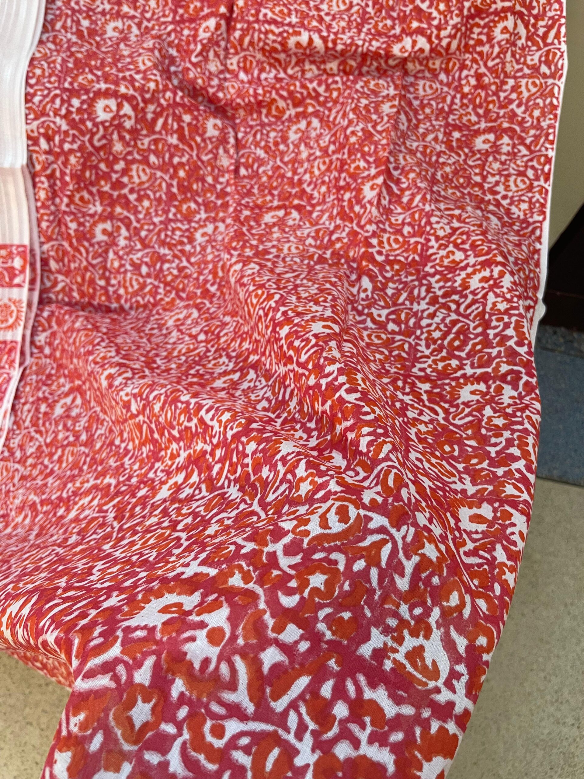 Coral Red with White Block Print Pure Lawn Unstitched Suit | White Broshia Dupatta with Coral Red & Rust Orange Block Print - Image 2