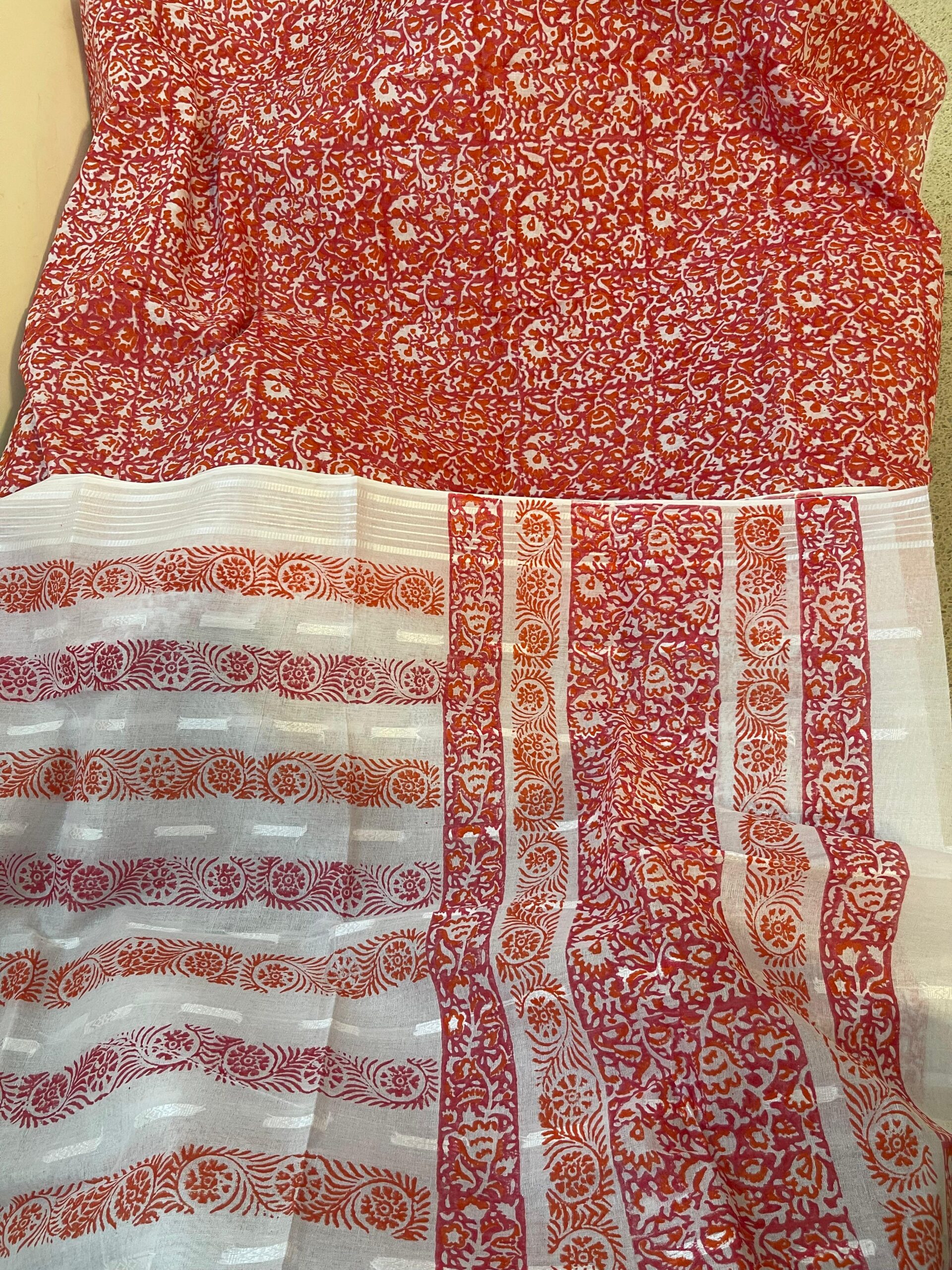 Coral Red with White Block Print Pure Lawn Unstitched Suit | White Broshia Dupatta with Coral Red & Rust Orange Block Print - Image 3