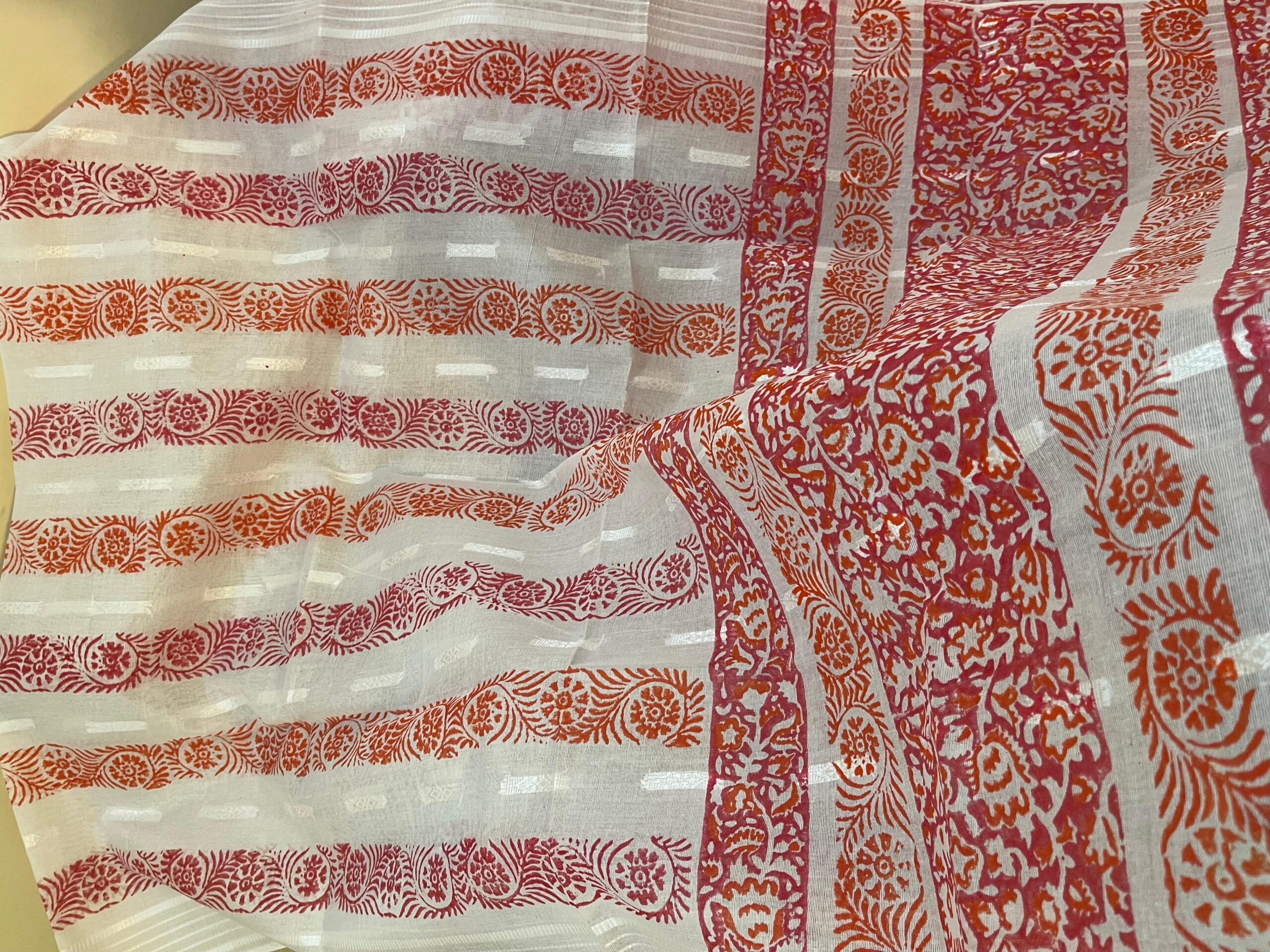 Coral Red with White Block Print Pure Lawn Unstitched Suit | White Broshia Dupatta with Coral Red & Rust Orange Block Print - Image 4