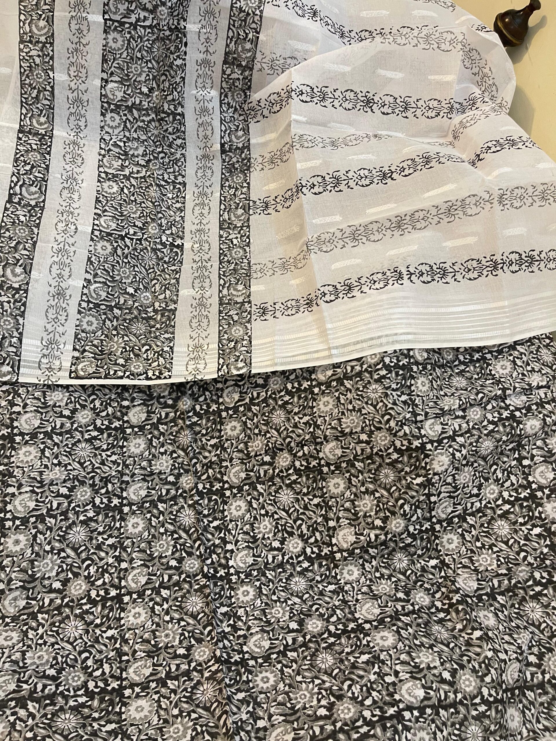 Dark Grey Pure Lawn Unstitched Suit with White & Grey Block Print and White Broshia Dupatta - Image 3
