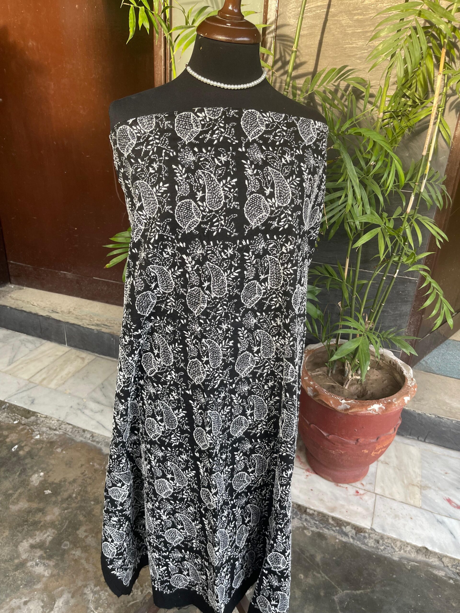 Black with White Handmade Embroidery Pure Lawn Unstitched Suit | Black Pure Lawn Dupatta - Image 2