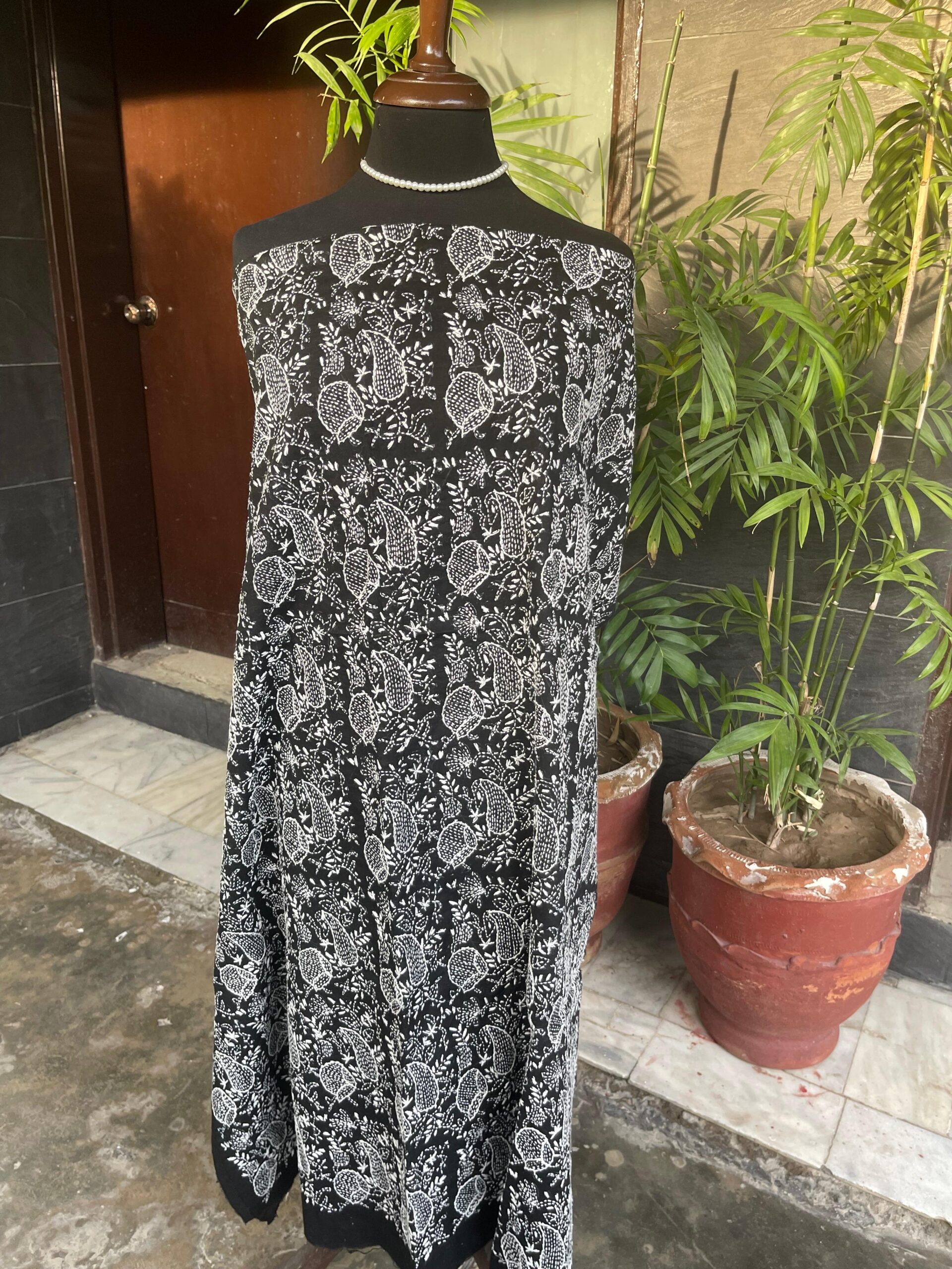 Black with White Handmade Embroidery Pure Lawn Unstitched Suit | Black Pure Lawn Dupatta - Image 3