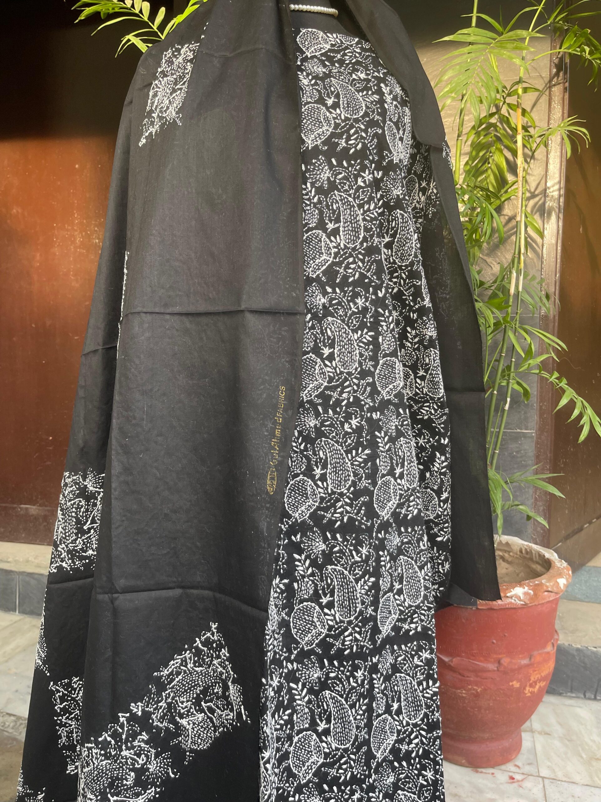 Black with White Handmade Embroidery Pure Lawn Unstitched Suit | Black Pure Lawn Dupatta - Image 4