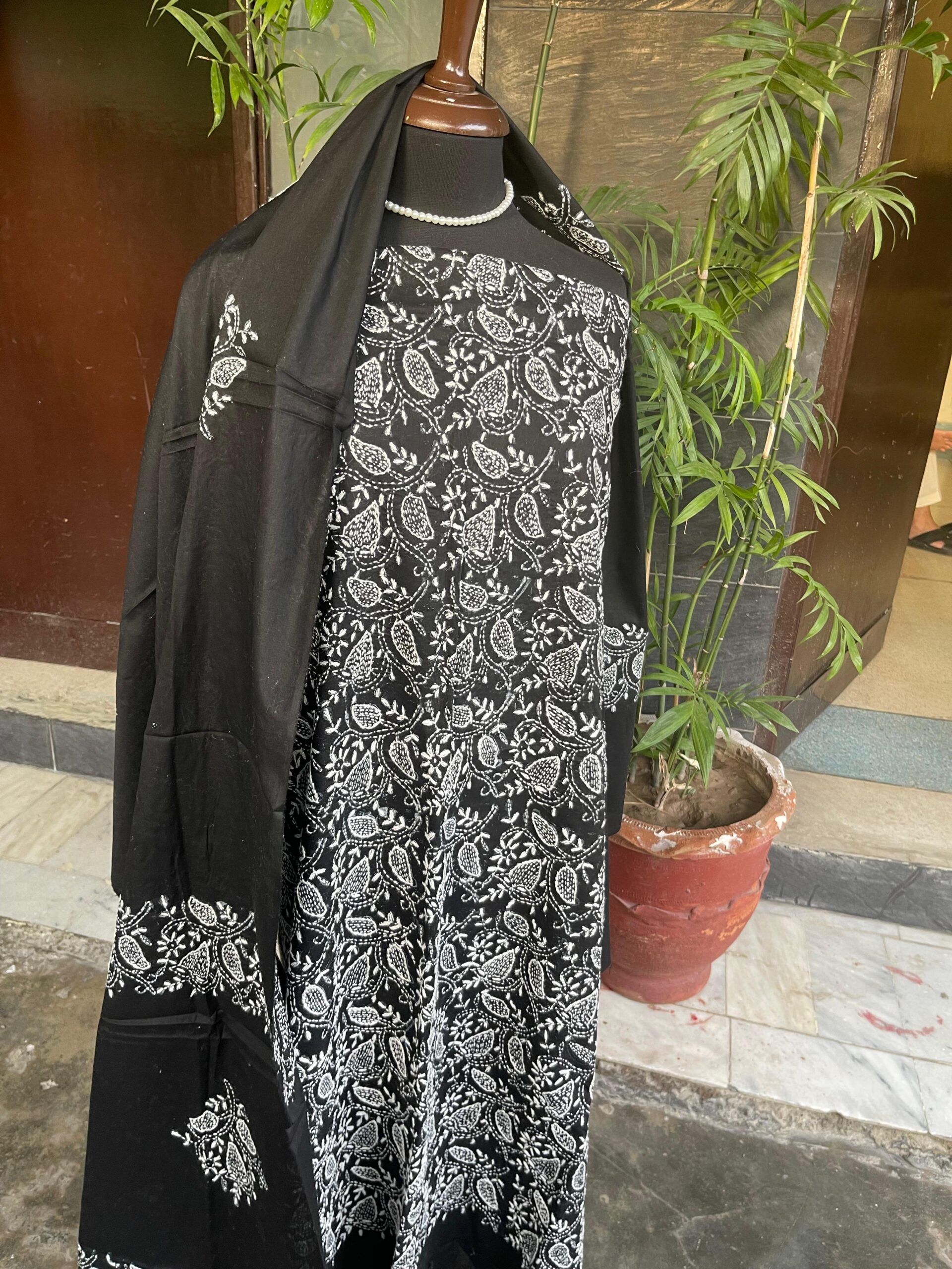 Black with White Handmade Embroidery Premium Lawn Unstitched Suit | Black Pure Lawn Dupatta - Image 2