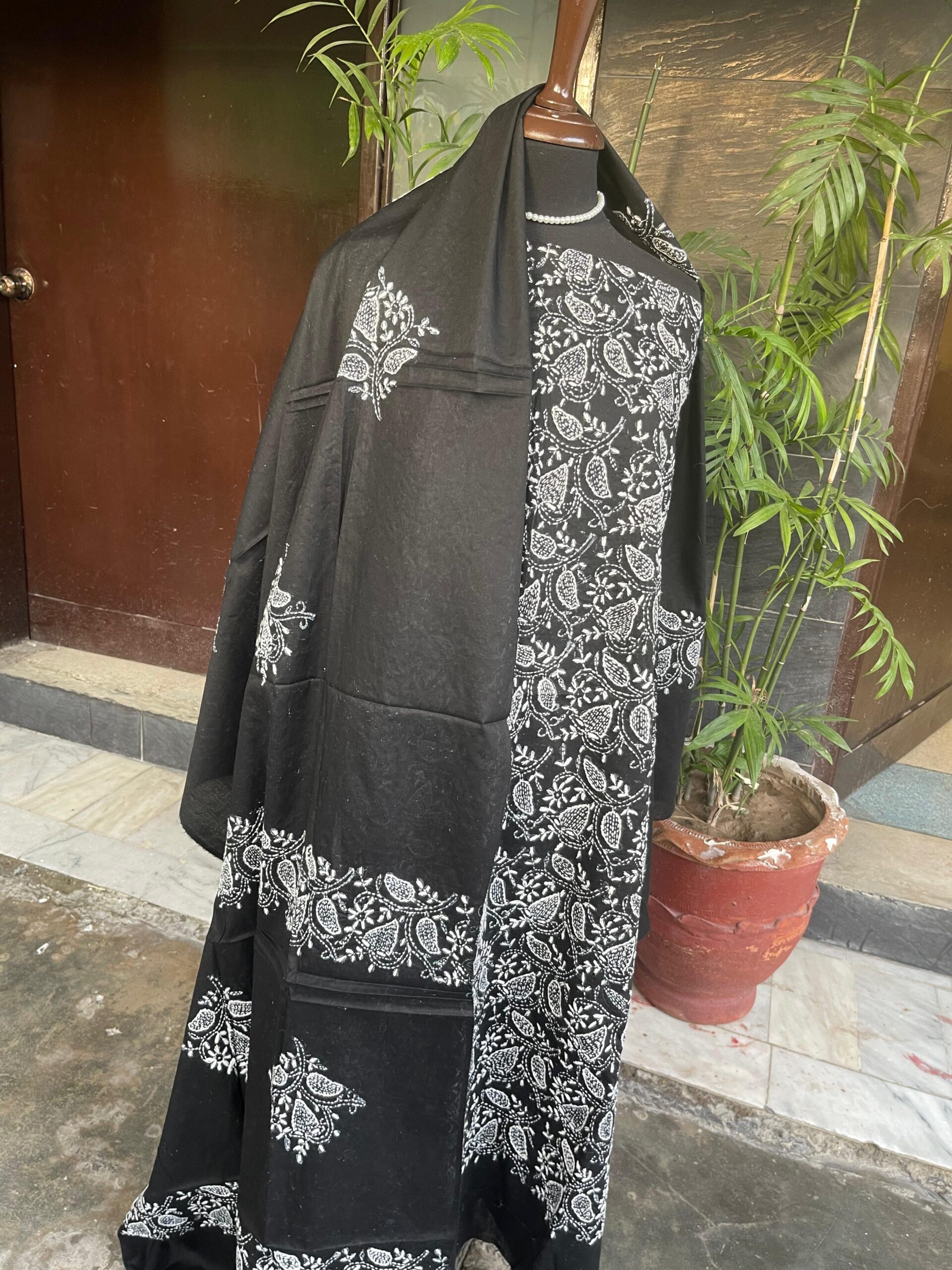 Black with White Handmade Embroidery Premium Lawn Unstitched Suit | Black Pure Lawn Dupatta - Image 3