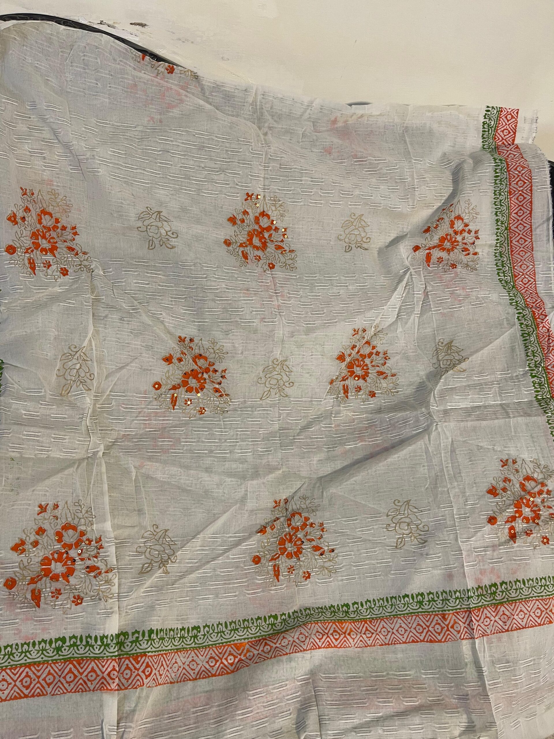 Off-White with Orange & Multicolor Gota Kari Block Print Textured Lawn Unstitched Suit | Off-White Rangoli Lawn Jacquard Dupatta - Image 4
