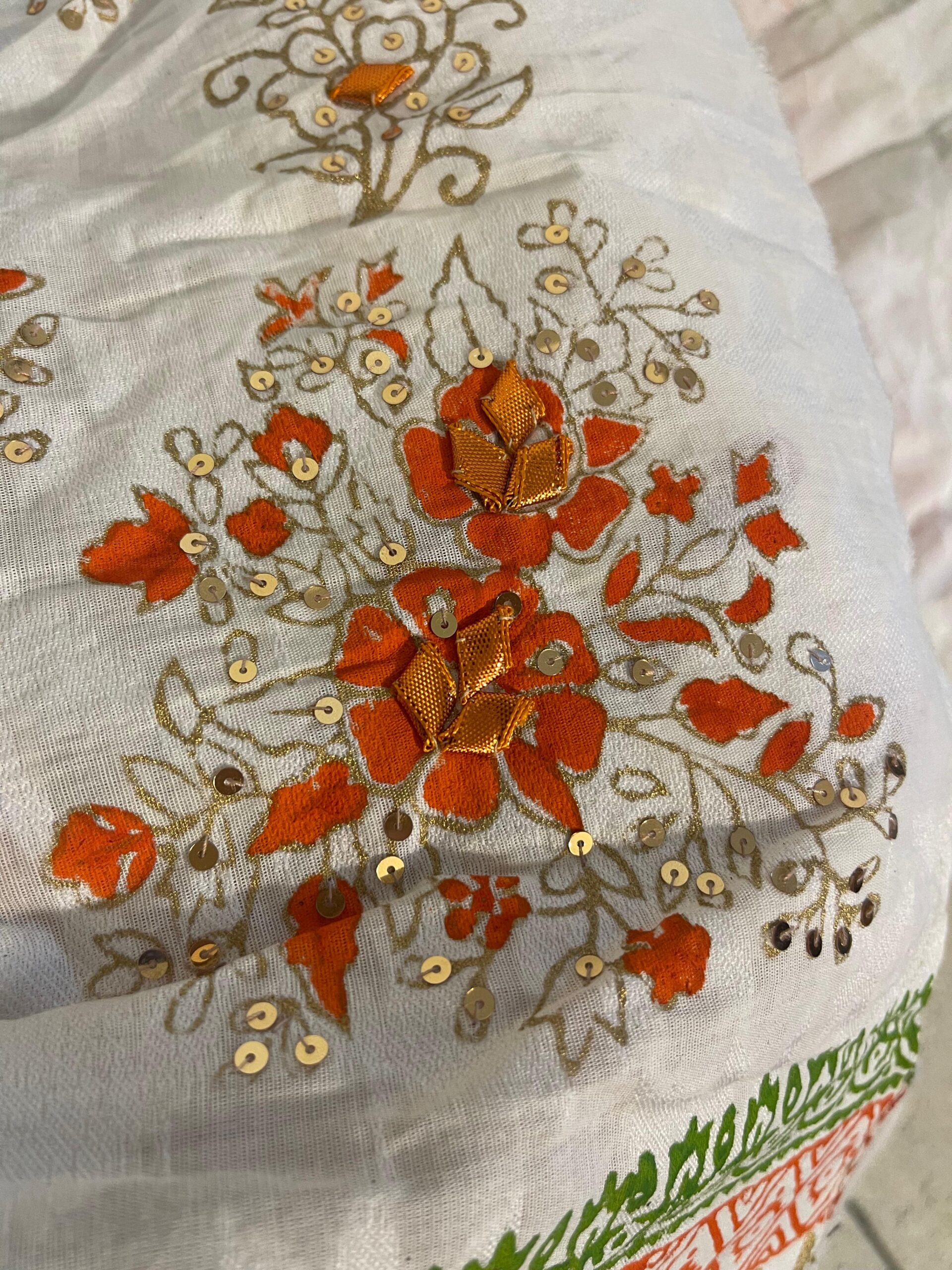 Off-White with Orange & Multicolor Gota Kari Block Print Textured Lawn Unstitched Suit | Off-White Rangoli Lawn Jacquard Dupatta - Image 5
