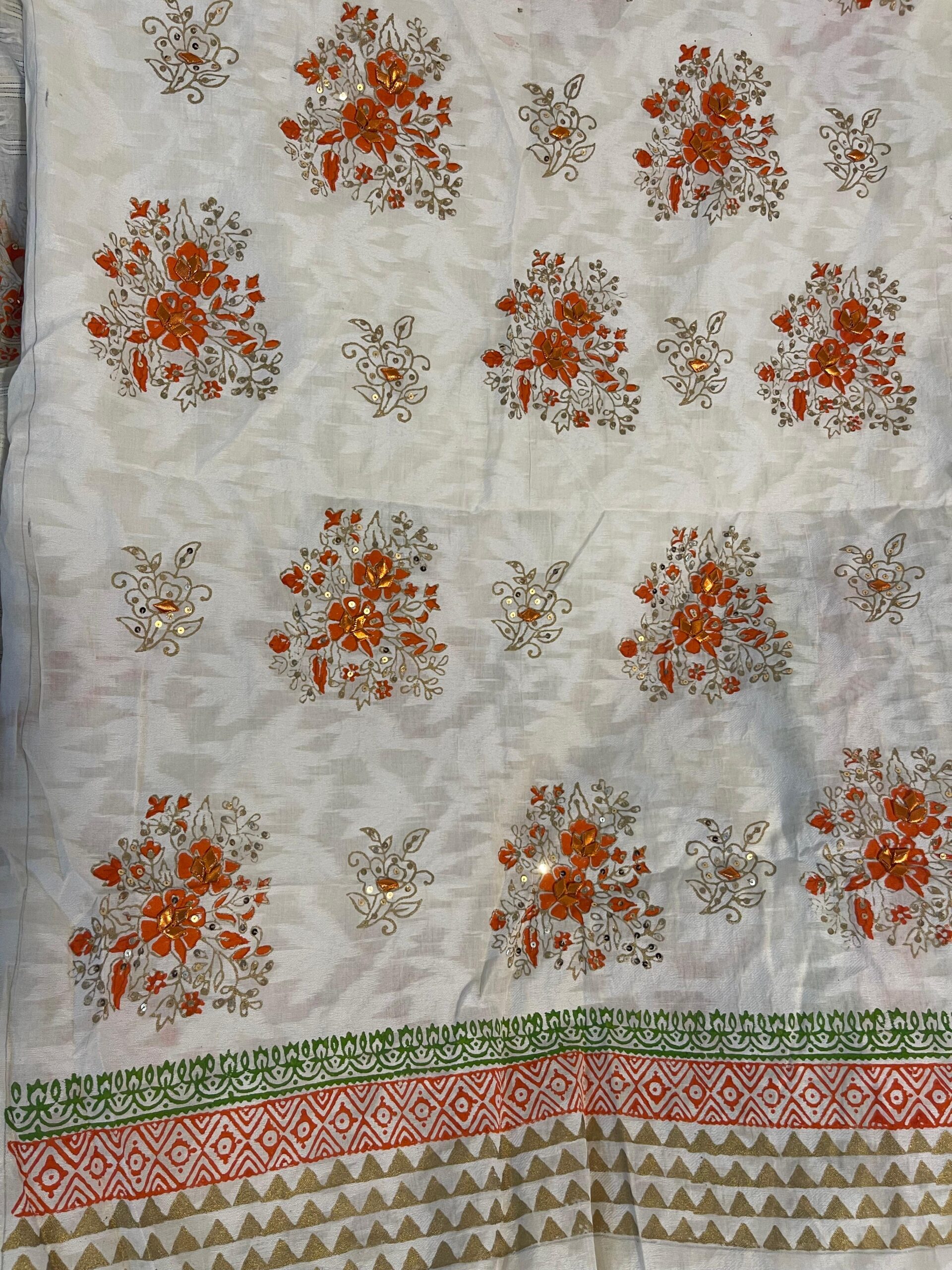 Off-White with Orange & Multicolor Gota Kari Block Print Textured Lawn Unstitched Suit | Off-White Rangoli Lawn Jacquard Dupatta - Image 6
