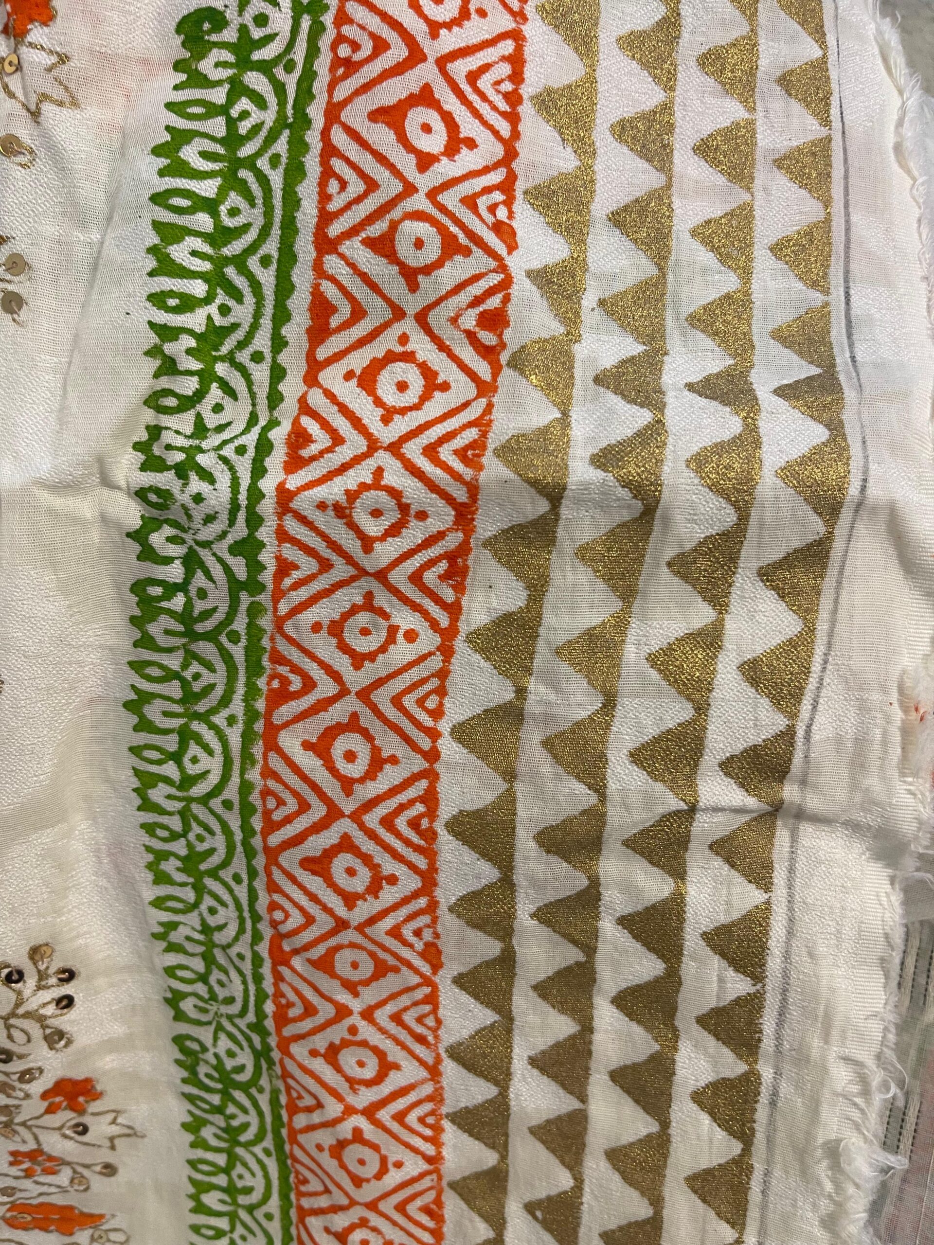 Off-White with Orange & Multicolor Gota Kari Block Print Textured Lawn Unstitched Suit | Off-White Rangoli Lawn Jacquard Dupatta - Image 7