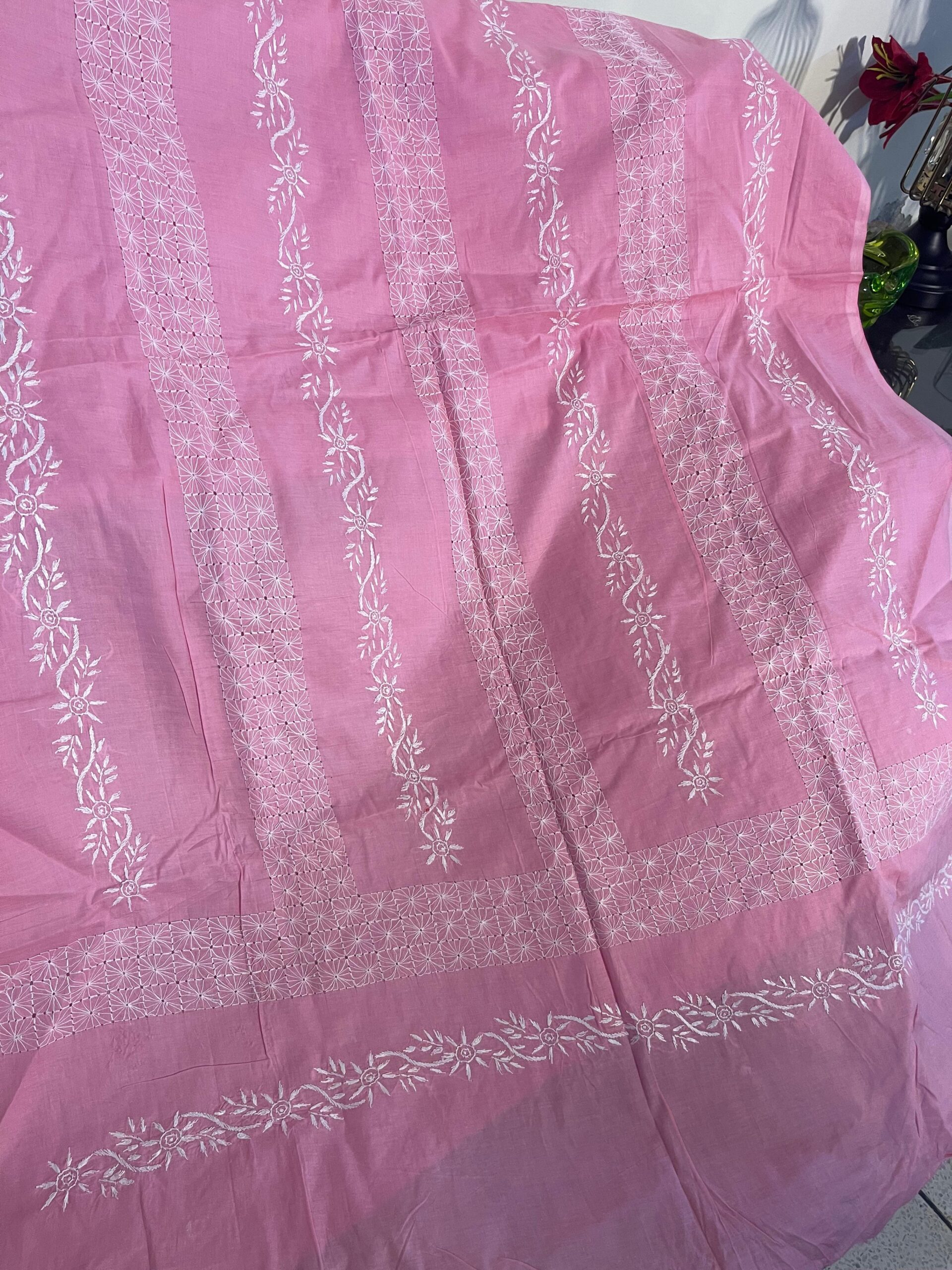 Tea Pink with White Floral Vine Hand Embroidery Pure Lawn Unstitched Suit | Tea Pink Pure Lawn Dupatta - Image 3