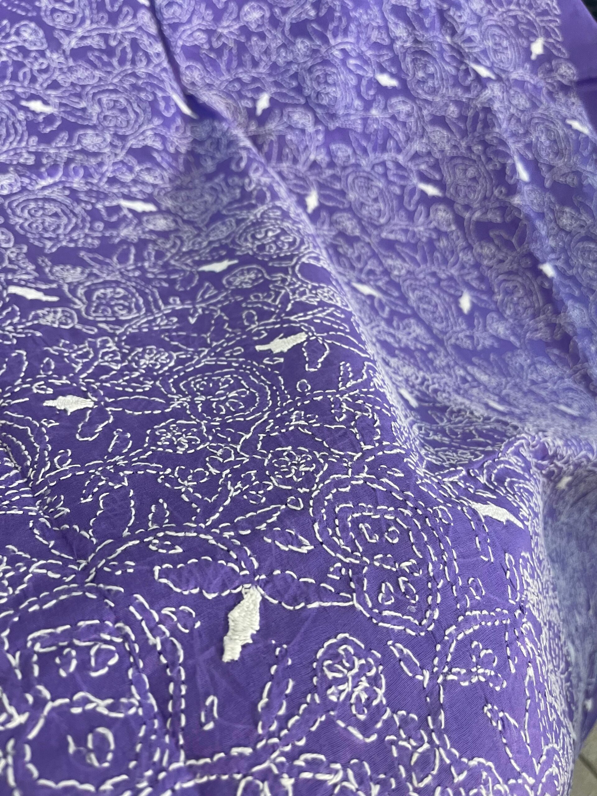 Purple with White Floral & Paisley Handmade Embroidery Premium Lawn Unstitched Suit | Purple Embroidered Dupatta - Image 4