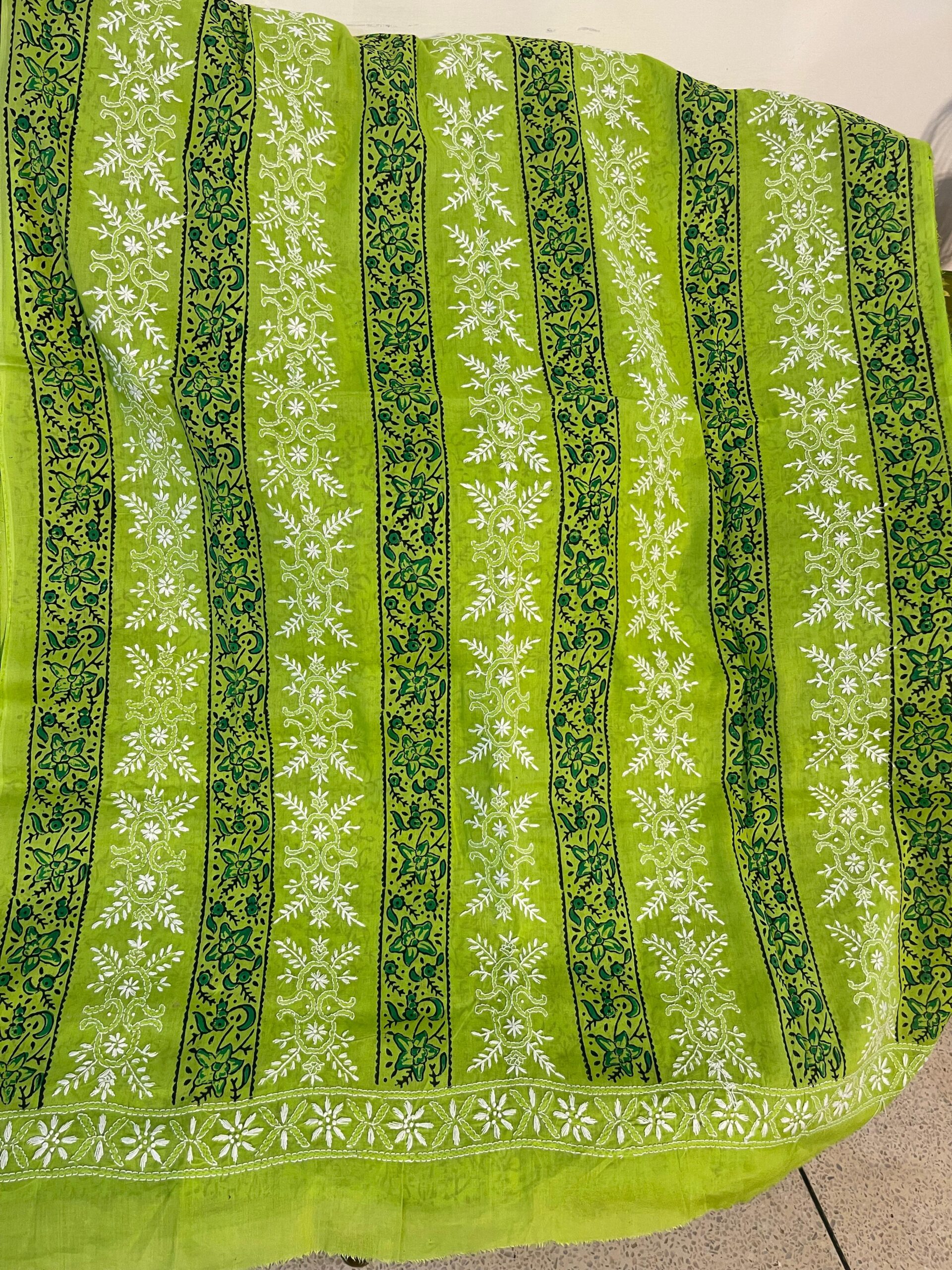 Lime Green with Forest Green & White Block Print & Chikankari Pure Lawn Unstitched Suit | Lime Green Pure Lawn Dupatta - Image 2