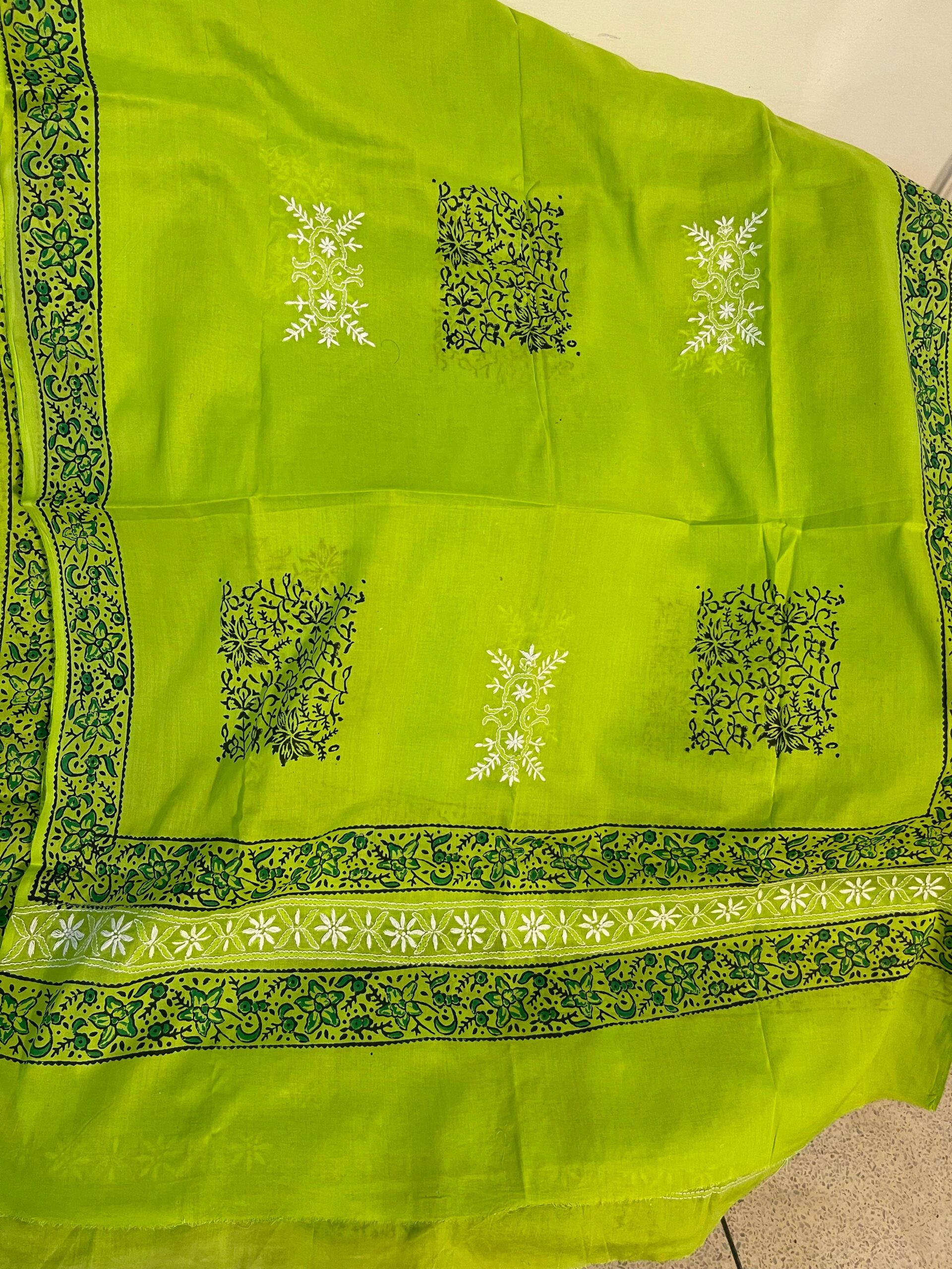 Lime Green with Forest Green & White Block Print & Chikankari Pure Lawn Unstitched Suit | Lime Green Pure Lawn Dupatta - Image 3