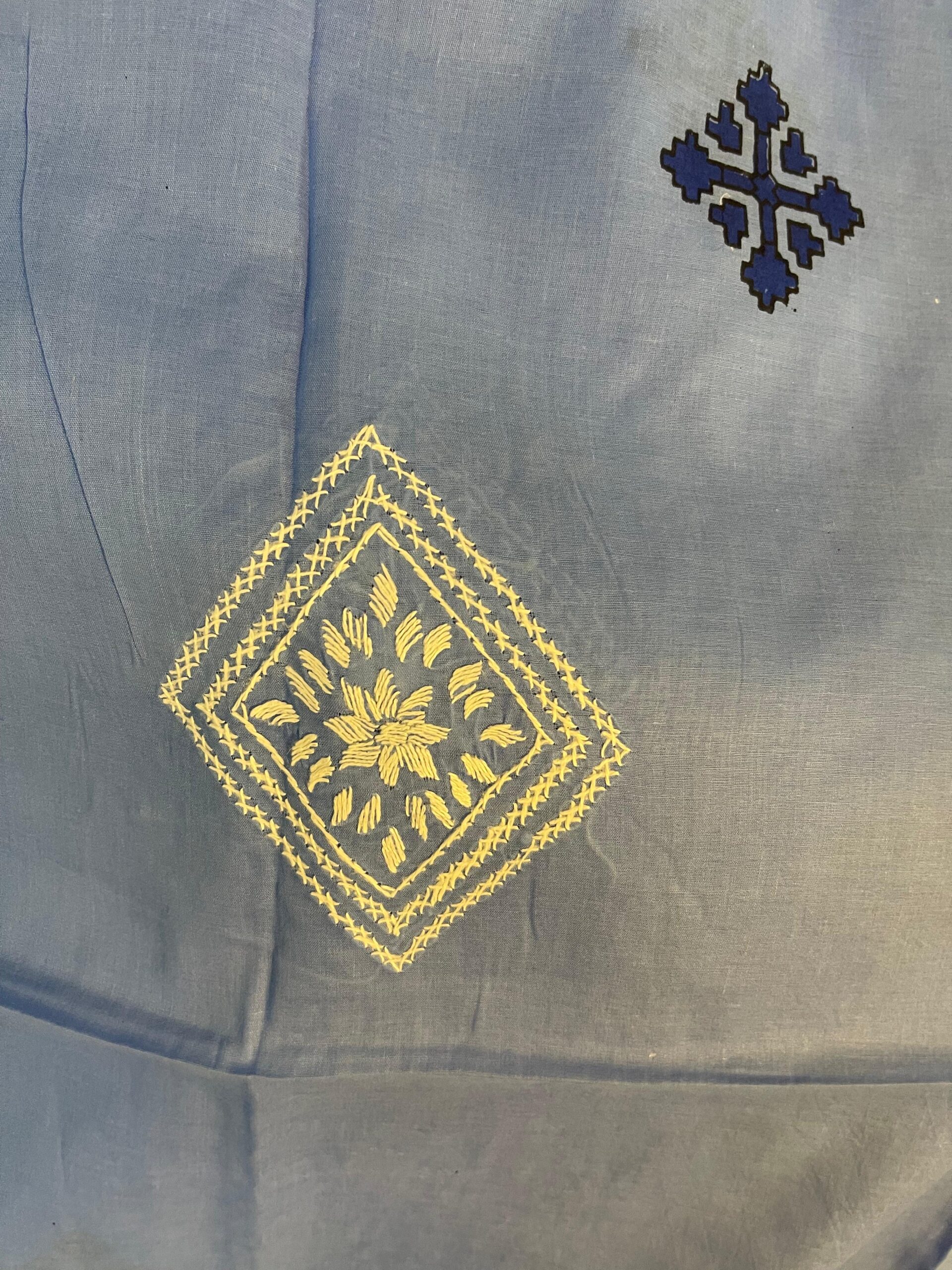 Dusty Blue with Navy Blue & White Floral Block Print & Chikankari Pure Lawn Unstitched Suit | Dusty Blue Pure Lawn Dupatta - Image 2
