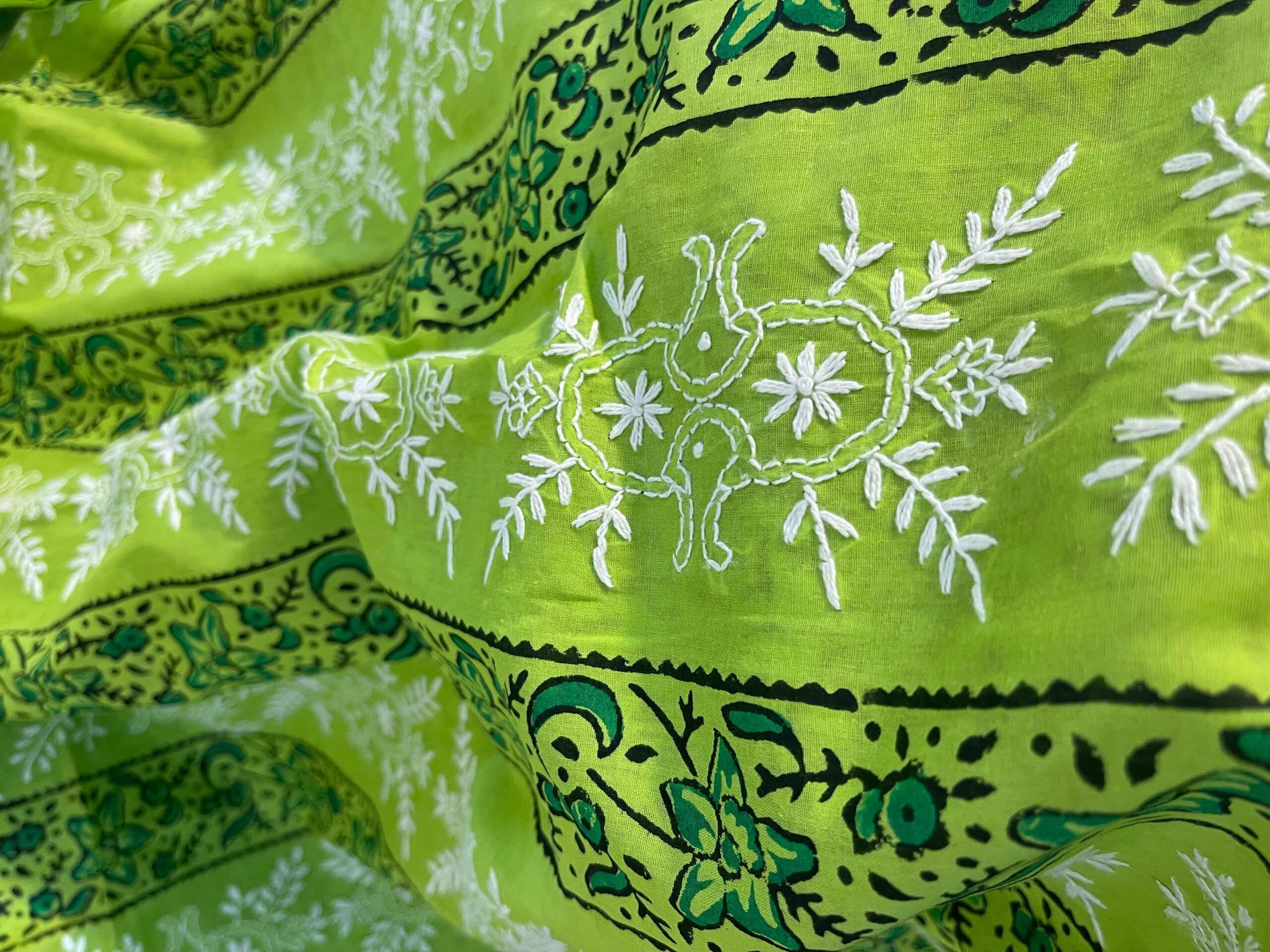 Lime Green with Forest Green & White Block Print & Chikankari Pure Lawn Unstitched Suit | Lime Green Pure Lawn Dupatta - Image 5