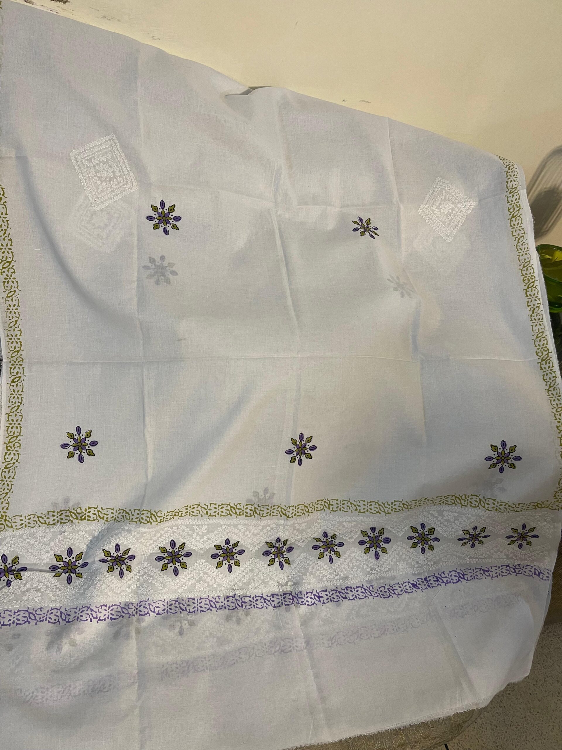White with Lavender Purple & Olive Green Floral Block Print & Chikankari Pure Lawn Unstitched Suit | White Pure Lawn Dupatta - Image 3