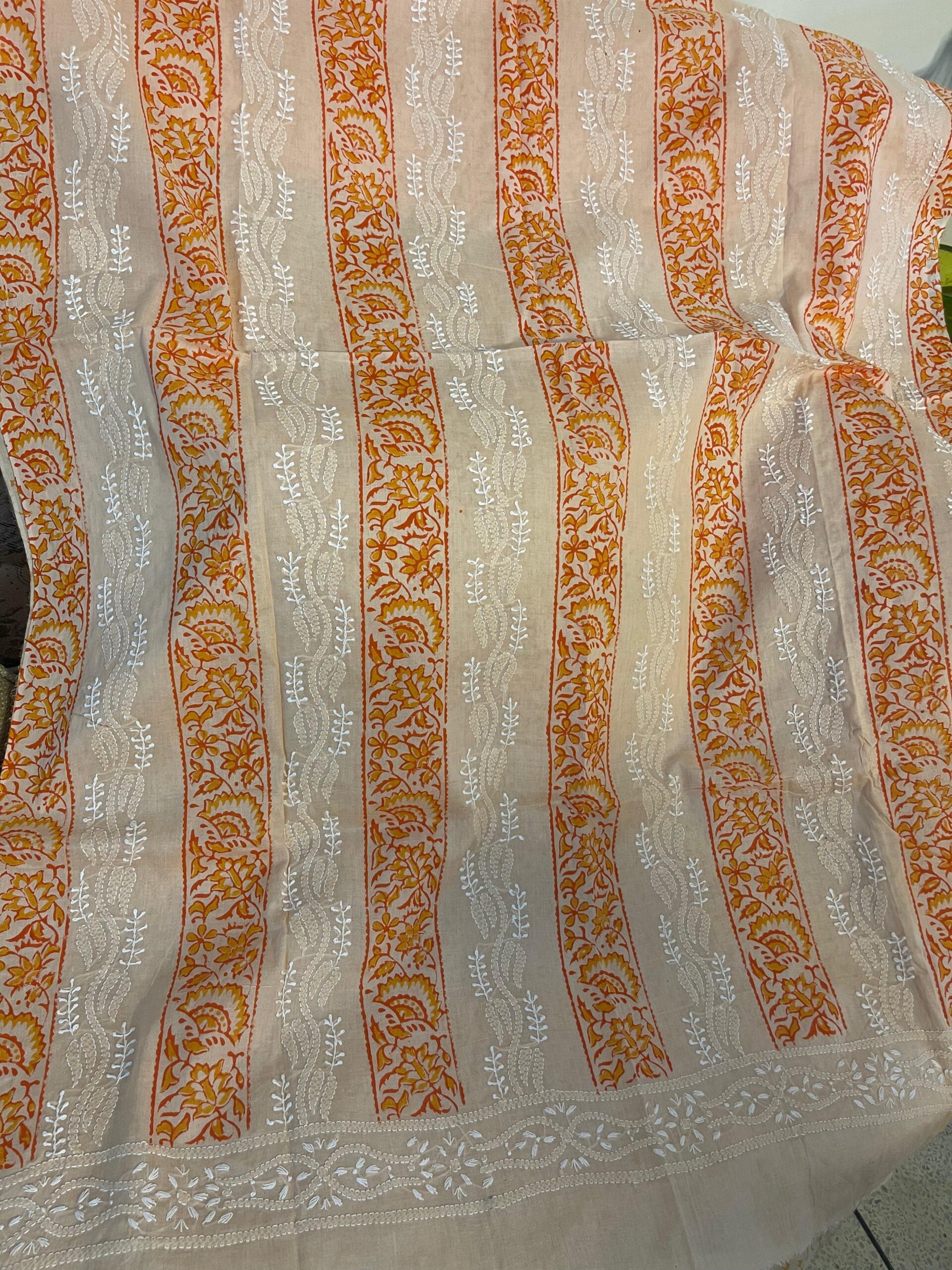 Ivory Cream with Peach Orange Block Print & Chikankari Pure Lawn Unstitched Suit | Ivory Cream Pure Lawn Dupatta - Image 2