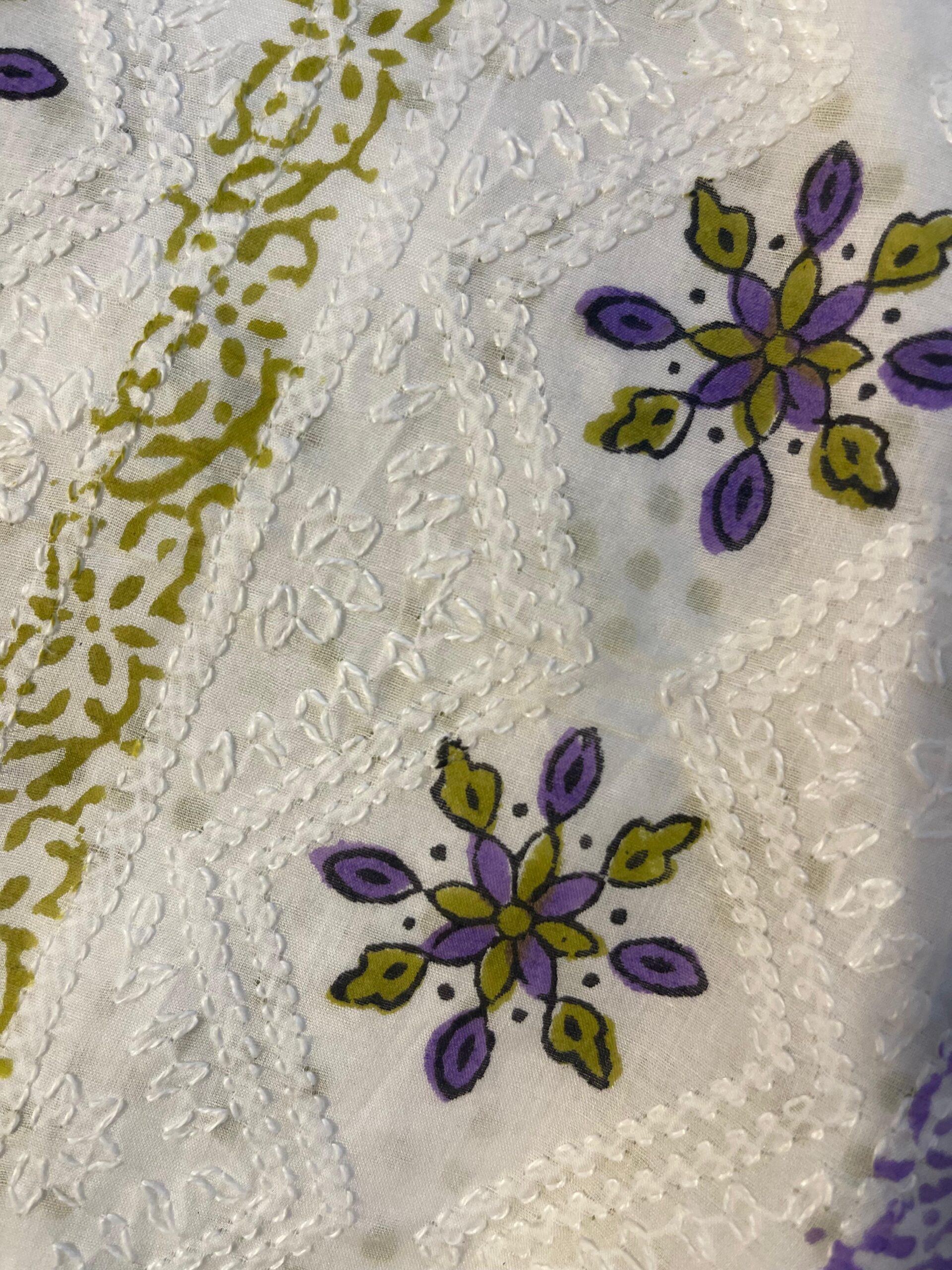 White with Lavender Purple & Olive Green Floral Block Print & Chikankari Pure Lawn Unstitched Suit | White Pure Lawn Dupatta - Image 4