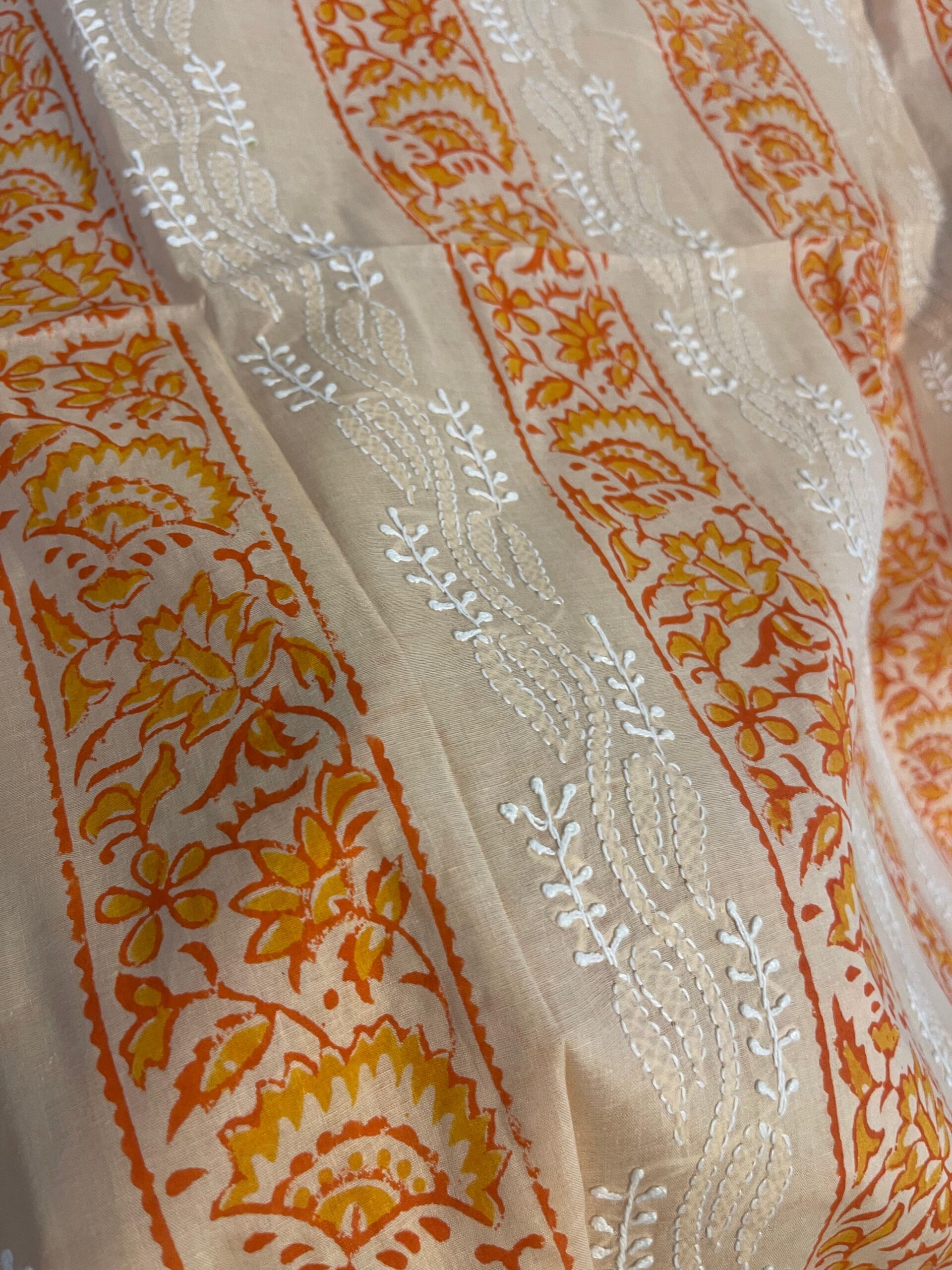 Ivory Cream with Peach Orange Block Print & Chikankari Pure Lawn Unstitched Suit | Ivory Cream Pure Lawn Dupatta - Image 4