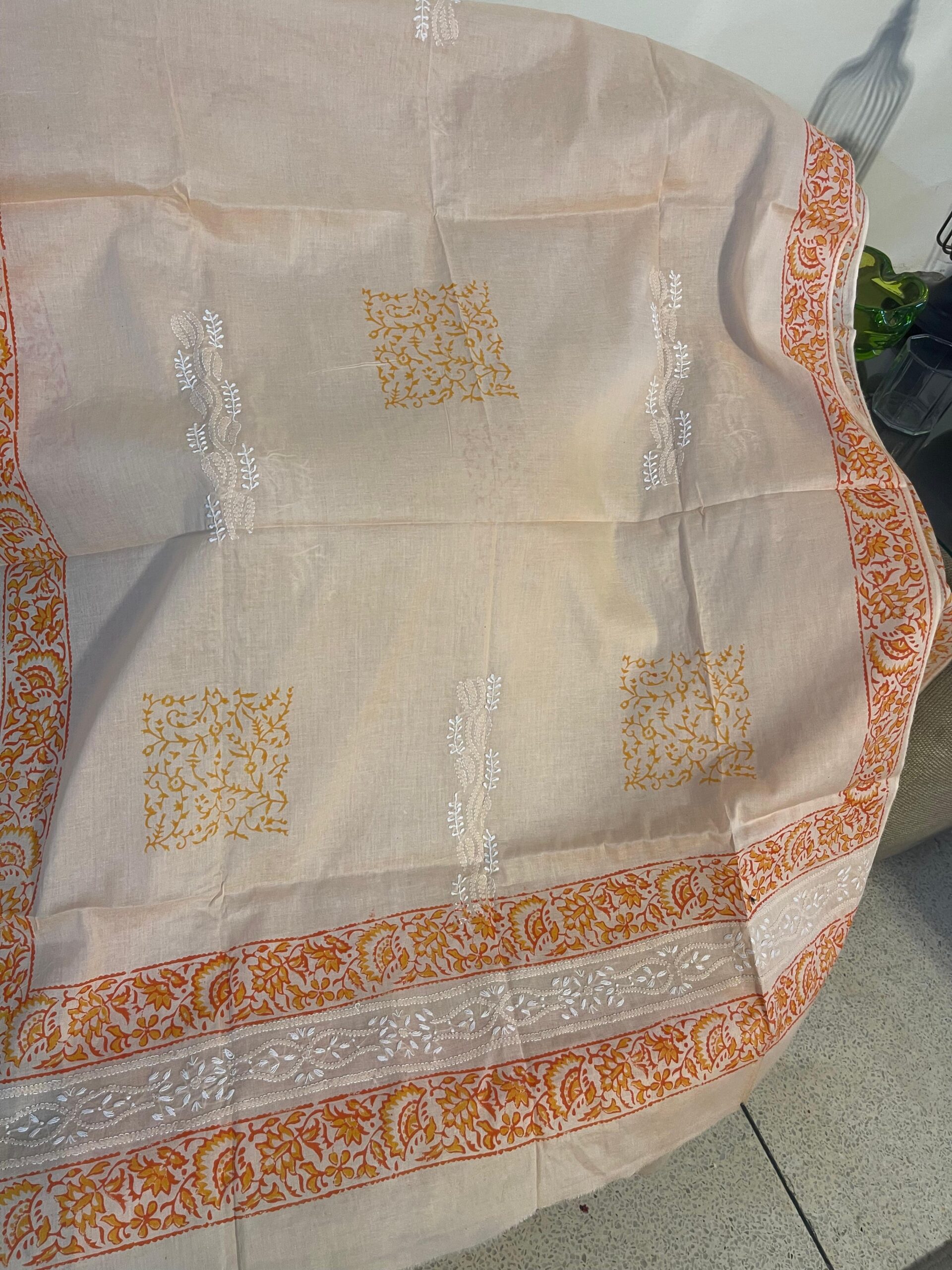 Ivory Cream with Peach Orange Block Print & Chikankari Pure Lawn Unstitched Suit | Ivory Cream Pure Lawn Dupatta - Image 5