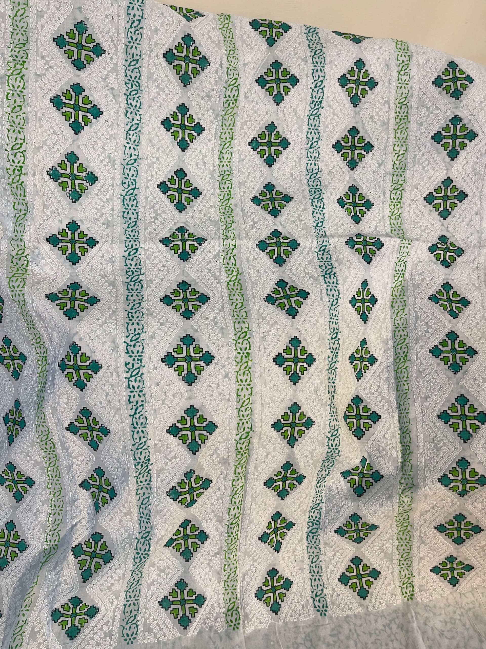 White with Teal Green & Lime Green Block Print & Chikankari Pure Lawn Unstitched Suit | White Pure Lawn Dupatta - Image 2