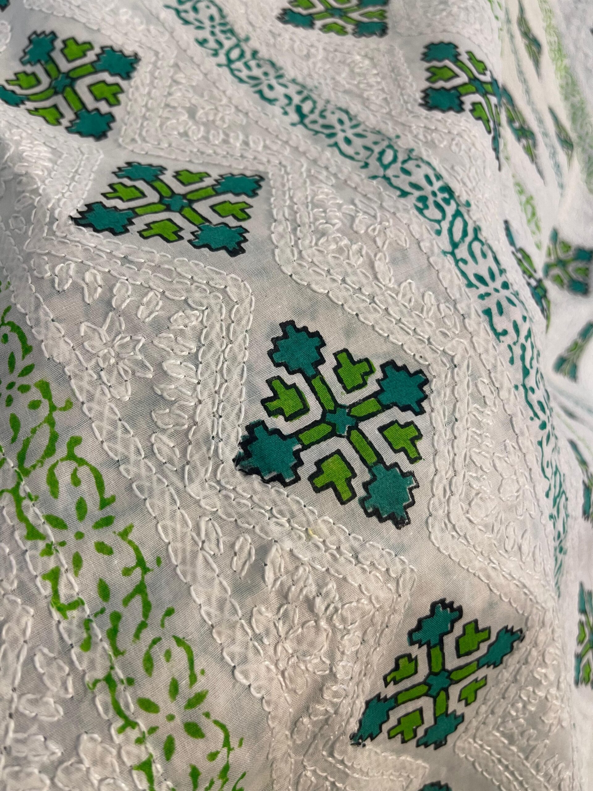White with Teal Green & Lime Green Block Print & Chikankari Pure Lawn Unstitched Suit | White Pure Lawn Dupatta - Image 3