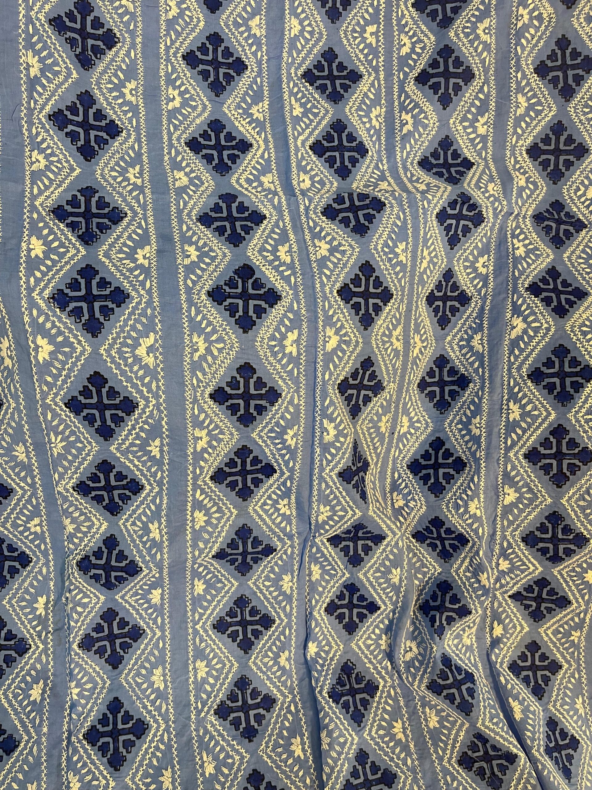 Dusty Blue with Navy Blue & White Floral Block Print & Chikankari Pure Lawn Unstitched Suit | Dusty Blue Pure Lawn Dupatta - Image 4