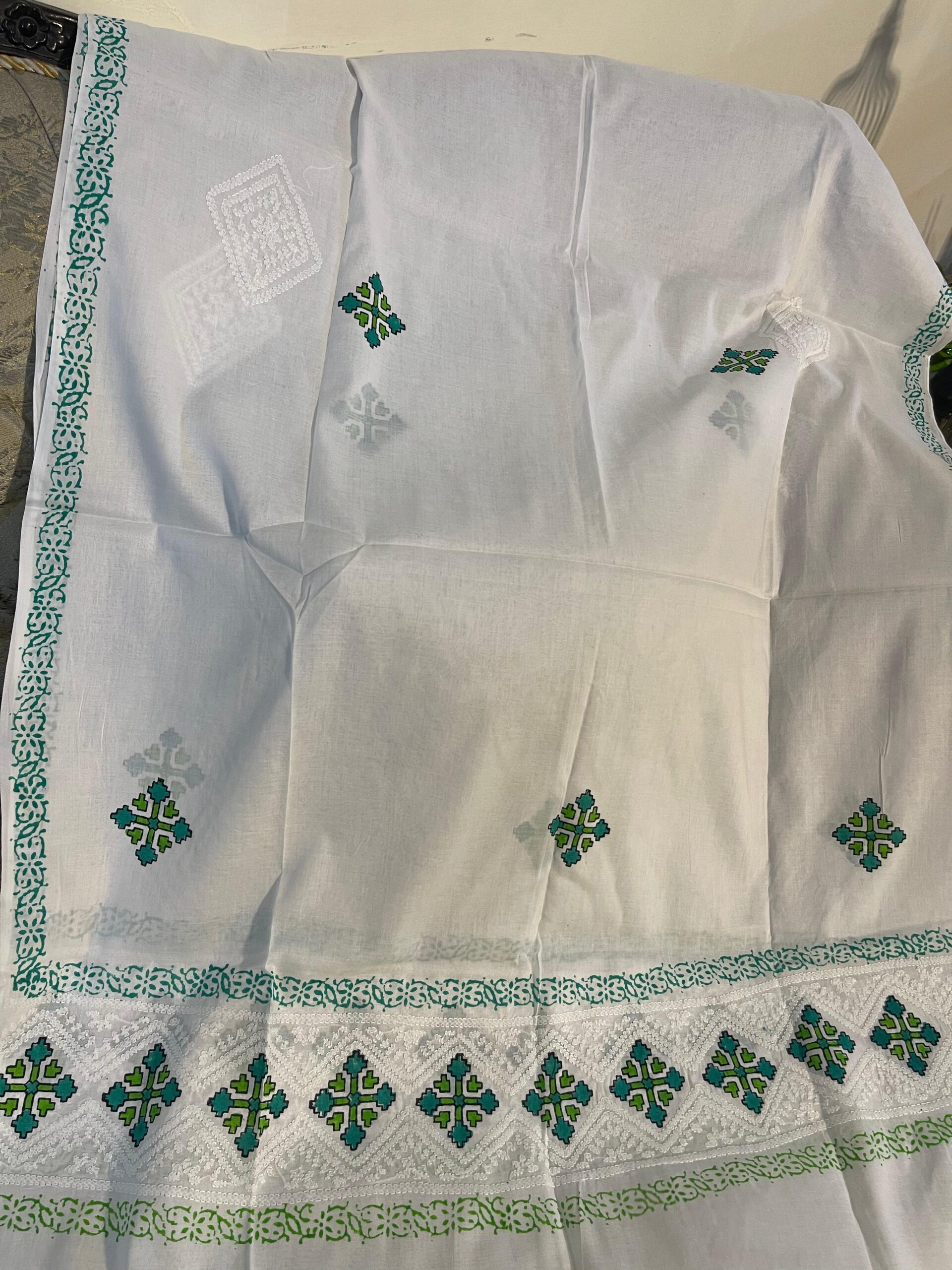 White with Teal Green & Lime Green Block Print & Chikankari Pure Lawn Unstitched Suit | White Pure Lawn Dupatta - Image 5