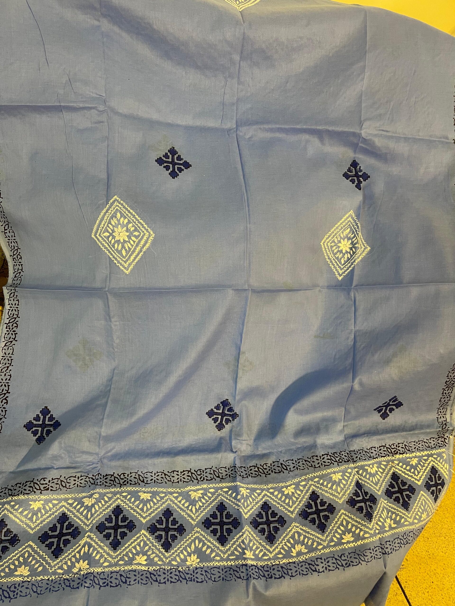 Dusty Blue with Navy Blue & White Floral Block Print & Chikankari Pure Lawn Unstitched Suit | Dusty Blue Pure Lawn Dupatta - Image 5