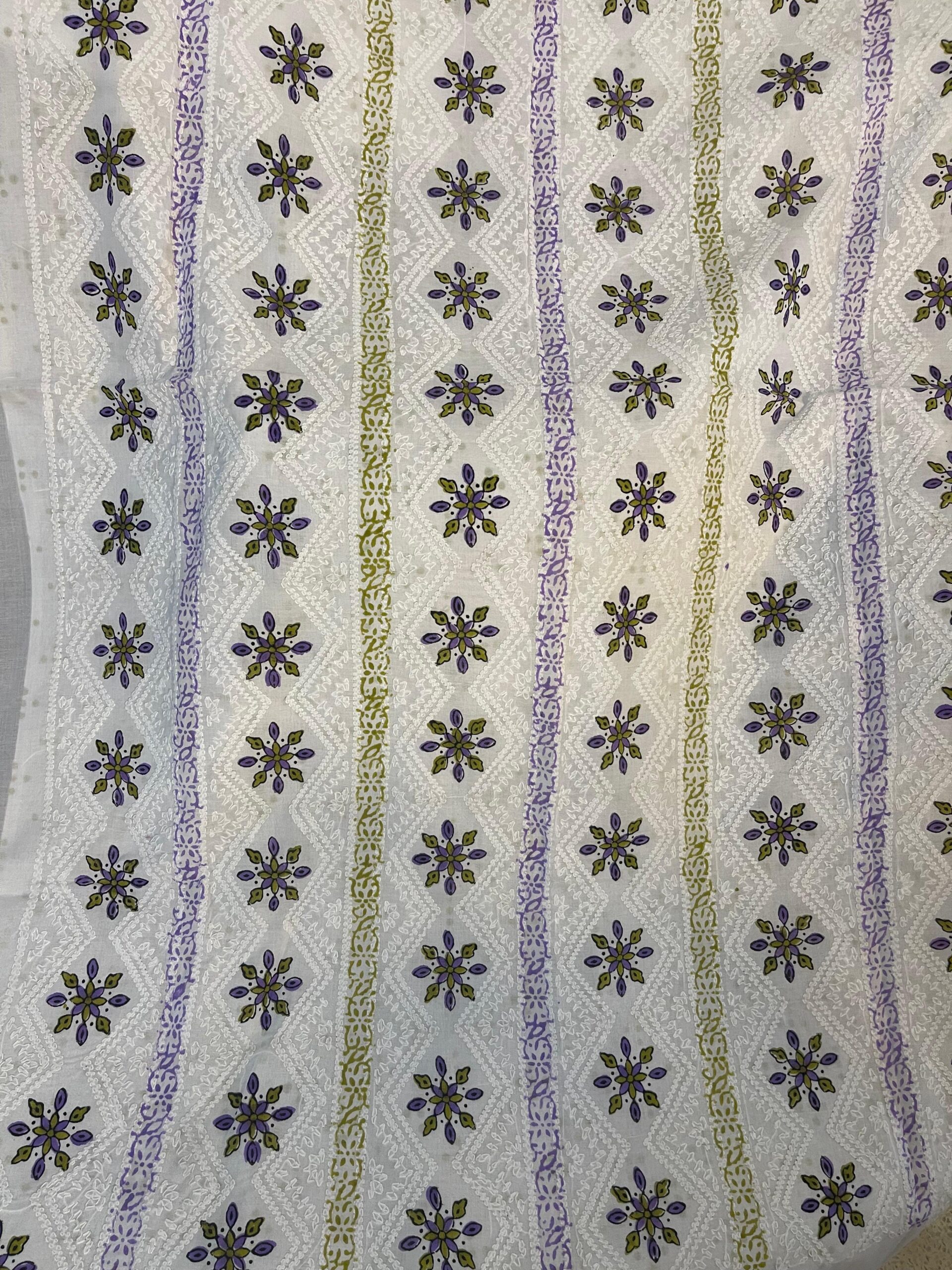 White with Lavender Purple & Olive Green Floral Block Print & Chikankari Pure Lawn Unstitched Suit | White Pure Lawn Dupatta - Image 5