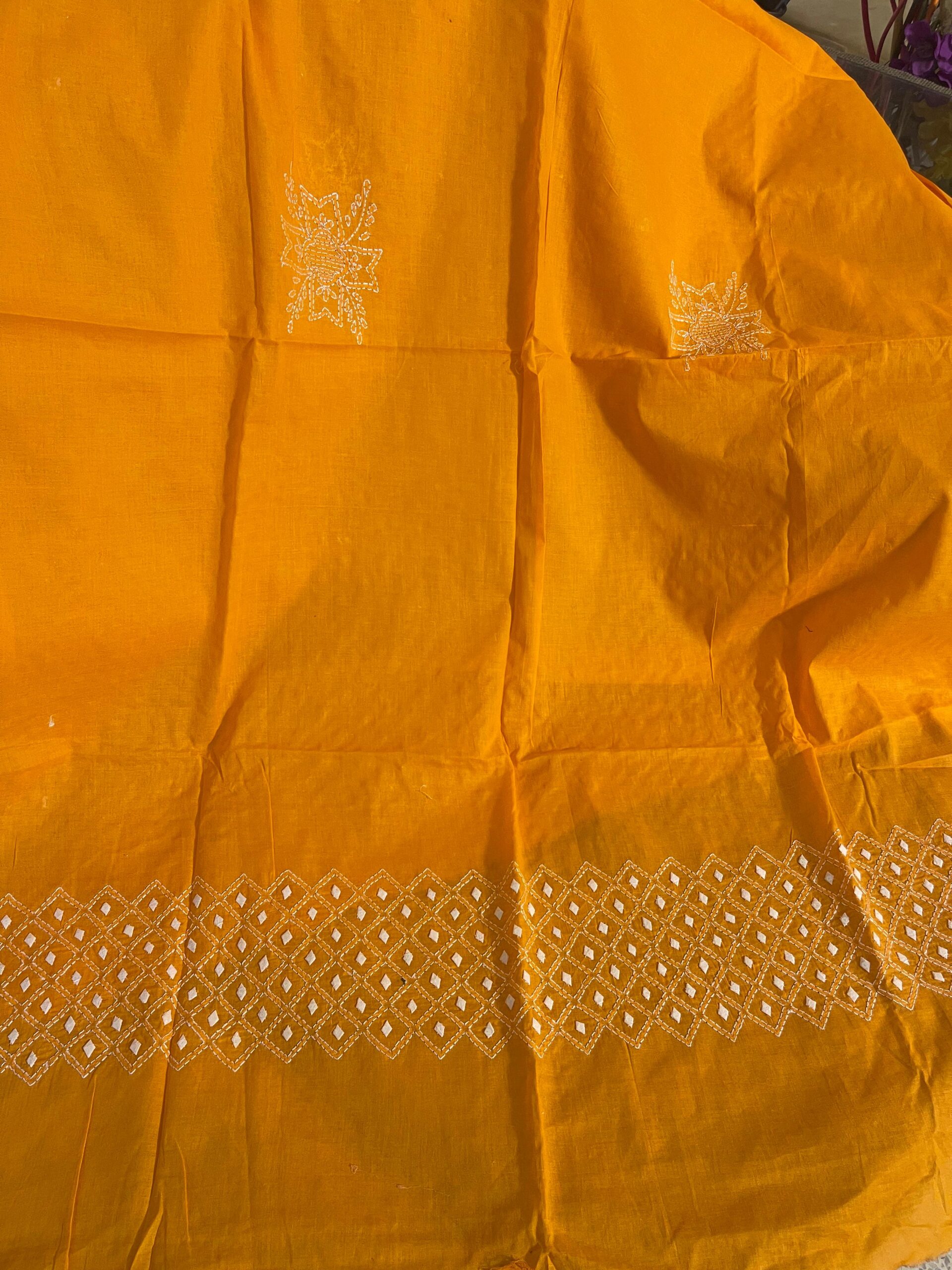 Vibrant Ochre with White Chikankari & Applique Pure Lawn Unstitched Suit | Vibrant Ochre Pure Lawn Dupatta - Image 3