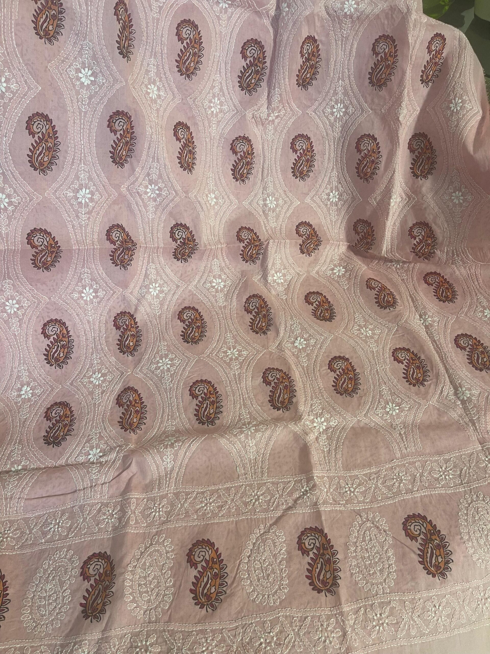 Dusty Rose Pink with Multicolor Paisley Block Print & White Embroidery Pure Lawn Unstitched Single Kurta - Image 2