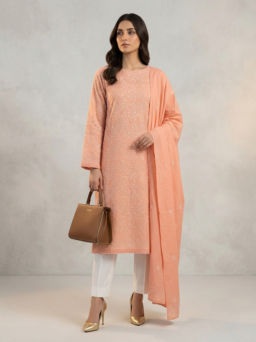 peach-handmade-chikankari-embroidered-lawn-2-piece-unstitched-suit-with-embroidered-dupatta