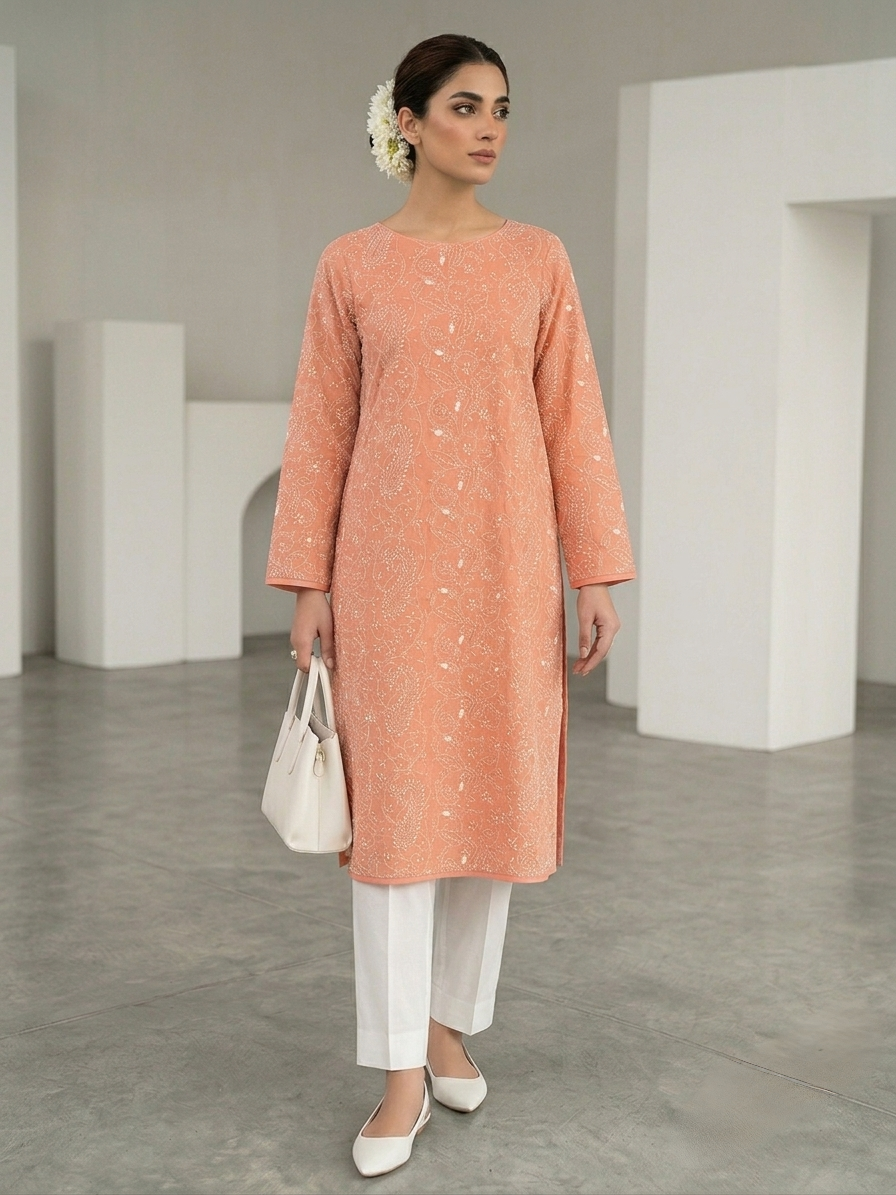 peach-coral-handmade-chikankari-pure-lawn-shirt-dupatta
